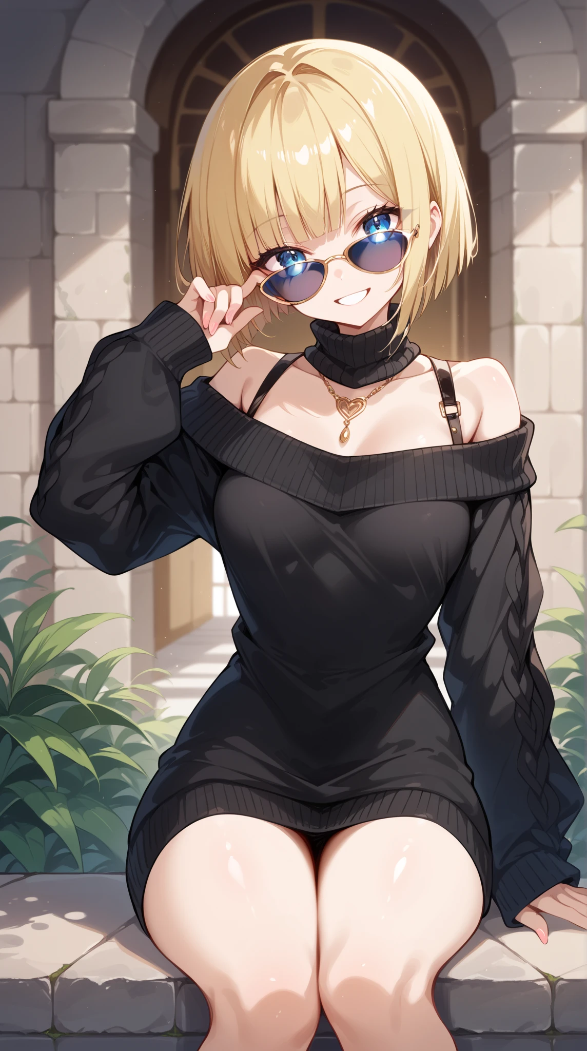 ((( One Girl ))), Blonde, (( sunglasses, hand to  sunglasses)), ((Put one hand on your lower back )), ( bob cut:1.3)), chest,  clevis on a stone, ( cowboy shot), Standard body type, ( watching viewers),  oversized clothes, Fluffy long sleeves, clavicle, (( Lovely Beautiful Girl Sitting :1.3, Quite thick shoulder straps)), ((( Sleeves Over Wrist :1.3))),  black sweater, ((Aran sweater)),  teenager ,  head tilt:1.3, ((( blue eyes))), ((Happy smile)), ((( anime style))), ( top quality , 4K, 8k,  high res, masterpiece:1.2,  ULTRA DETAIL,  ULTRA DETAIL eyes,  high res, 超 high res,  studio lighting ,  Super Detailed Painting ,  Sharp Focus,   physically-based rendering  ,  extremely detailed explanation ,  Short Twin Tails ,  brightly colored , Bokeh), (( top quality ,   highest image quality taken by Ki , 超 high res, 超 high res, Alone,   intense eye highlight  )), Deep written boundary,  natural soft light ,  attractive,  beautiful faces, Cleanliness,  Pure Face, Ndium Chest,  beautiful faces, Perfect means, perfect hand,  perfect body, perfect face,  Shine a Light in your eyes ,  Perfect Anatomy