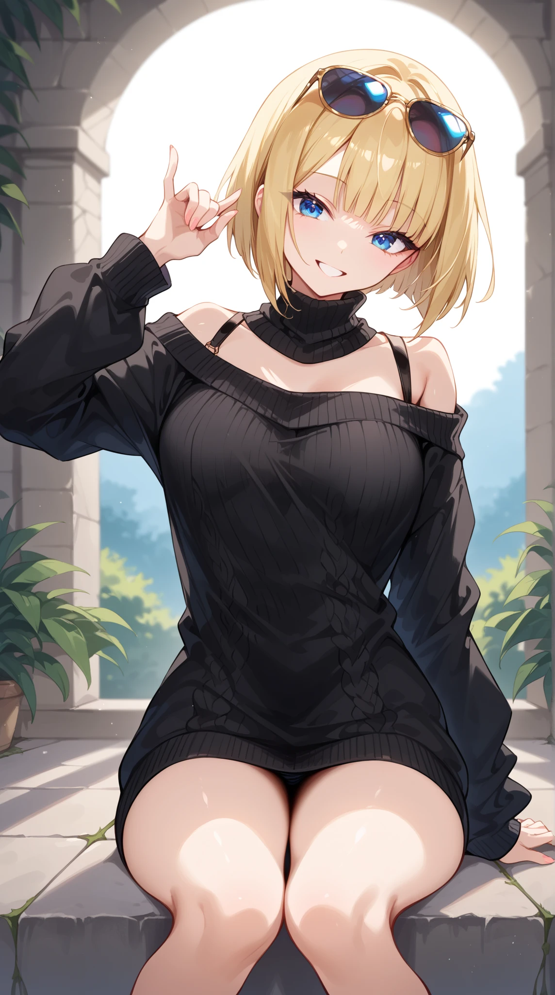 ((( One Girl ))), Blonde, (( sunglasses, hand to  sunglasses)), ((Put one hand on your lower back )), ( bob cut:1.3)), chest,  clevis on a stone, ( cowboy shot), Standard body type, ( watching viewers),  oversized clothes, Fluffy long sleeves, clavicle, (( Lovely Beautiful Girl Sitting :1.3, Quite thick shoulder straps)), ((( Sleeves Over Wrist :1.3))),  black sweater, ((Aran sweater)),  teenager ,  head tilt:1.3, ((( blue eyes))), ((Happy smile)), ((( anime style))), ( top quality , 4K, 8k,  high res, masterpiece:1.2,  ULTRA DETAIL,  ULTRA DETAIL eyes,  high res, 超 high res,  studio lighting ,  Super Detailed Painting ,  Sharp Focus,   physically-based rendering  ,  extremely detailed explanation ,  Short Twin Tails ,  brightly colored , Bokeh), (( top quality ,   highest image quality taken by Ki , 超 high res, 超 high res, Alone,   intense eye highlight  )), Deep written boundary,  natural soft light ,  attractive,  beautiful faces, Cleanliness,  Pure Face, Ndium Chest,  beautiful faces, Perfect means, perfect hand,  perfect body, perfect face,  Shine a Light in your eyes ,  Perfect Anatomy