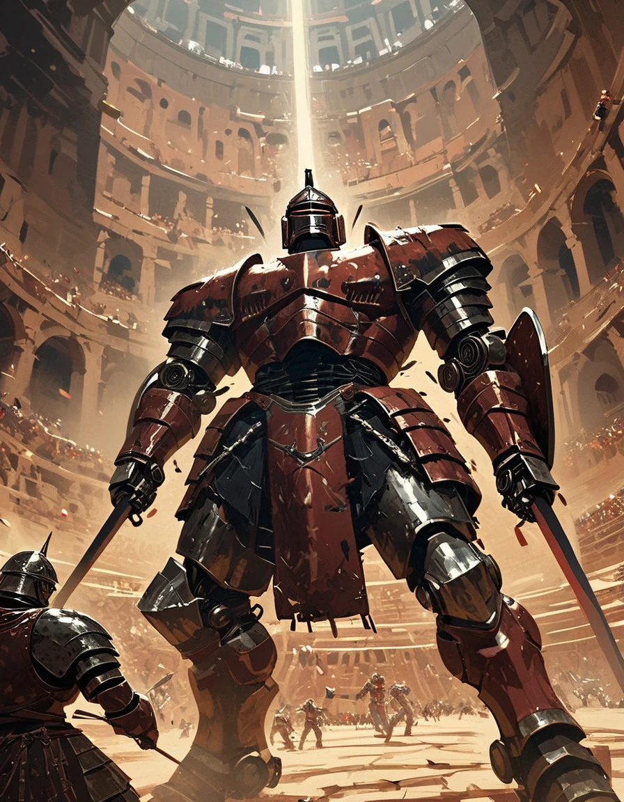 Animation, 8K quality, sophisticated design, advanced lighting techniques, work of art, painterly, theme is "robot gladiator", two robot gladiators are fighting in the center of the Colosseum, the robots have a retro sci-fi design, the two robots are copper and chrome, fighting with swords and tomahawks, both have round shields, muted colors give the image a grainy impression, the background is blurred to highlight the movements of the robot gladiators.