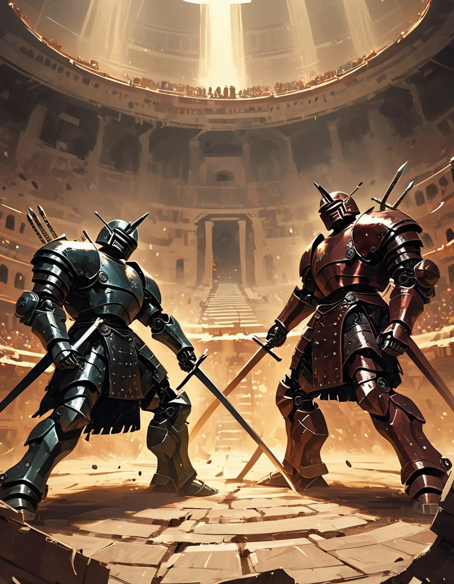 Animation, 8K quality, sophisticated design, advanced lighting techniques, work of art, painterly, theme is "robot gladiator", two robot gladiators are fighting in the center of the Colosseum, the robots have a retro sci-fi design, the two robots are copper and chrome, fighting with swords and tomahawks, both have round shields, muted colors give the image a grainy impression, the background is blurred to highlight the movements of the robot gladiators.