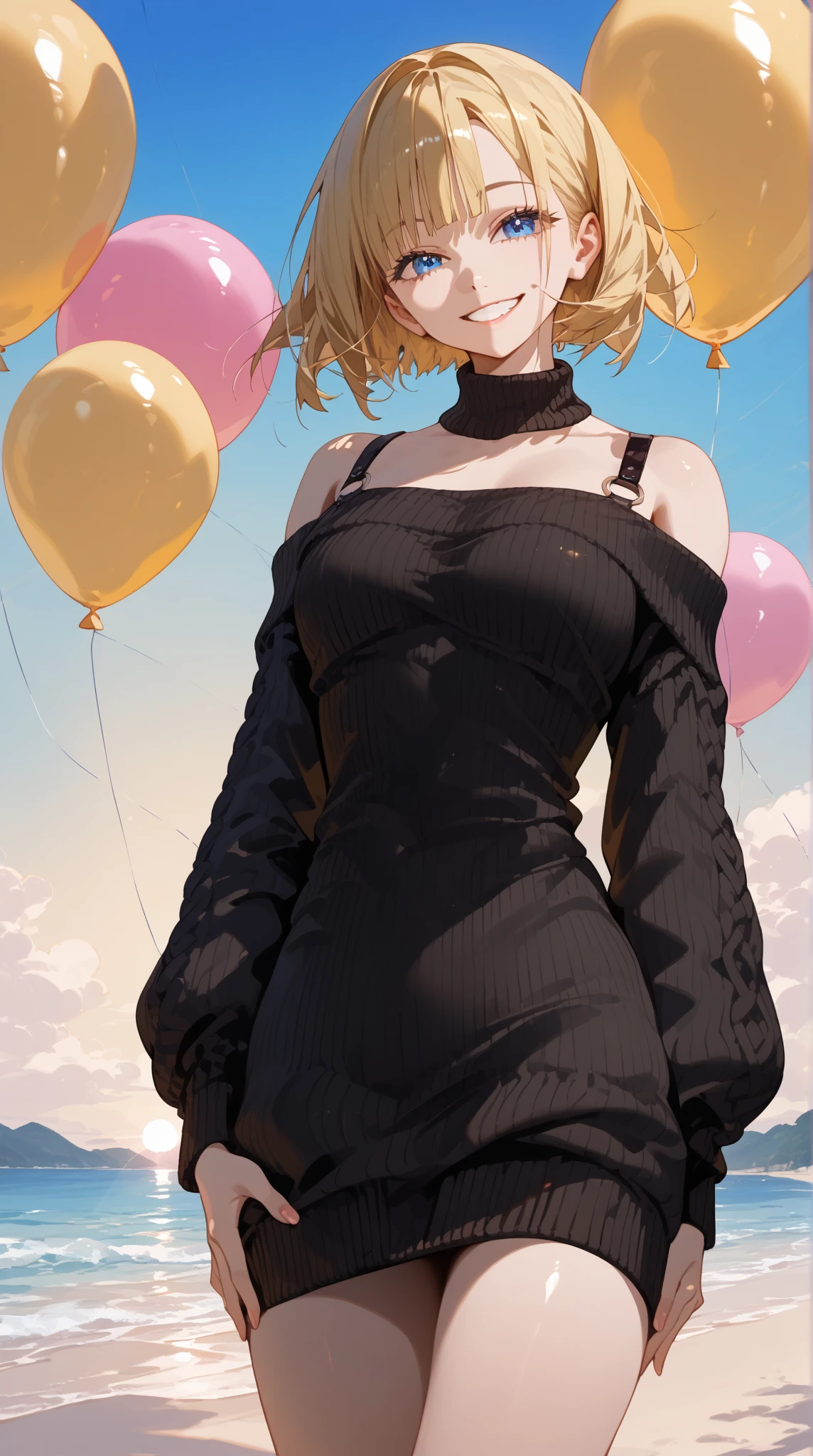 ((( One Girl ))), (( Beach )), noon, Blonde,  bob cut, chest,   from the front , ( cowboy shot), Standard body type, ( watching viewers), (( Off Shoulder  {black} knit sweater dress, Quite thick shoulder straps)), ((Balloon sleeve)),  teenager ,  head tilt:1.3, ((( blue eyes))), ((Happy smile)),  anime style, ( top quality , 4K, 8k,  high res, masterpiece:1.2,  ULTRA DETAIL,  ULTRA DETAIL eyes,  high res, 超 high res,  studio lighting ,  Super Detailed Painting ,  Sharp Focus,   physically-based rendering  ,  extremely detailed explanation ,  Short Twin Tails ,  brightly colored , Bokeh), (( top quality ,   highest image quality taken by Ki , 超 high res, 超 high res, Alone,   intense eye highlight  )), Deep written boundary,  natural soft light ,  attractive,  beautiful faces, Cleanliness,  Pure Face, Ndium Chest,  beautiful faces, Perfect means, perfect hand,  perfect body, perfect face,  Shine a Light in your eyes ,  Perfect Anatomy