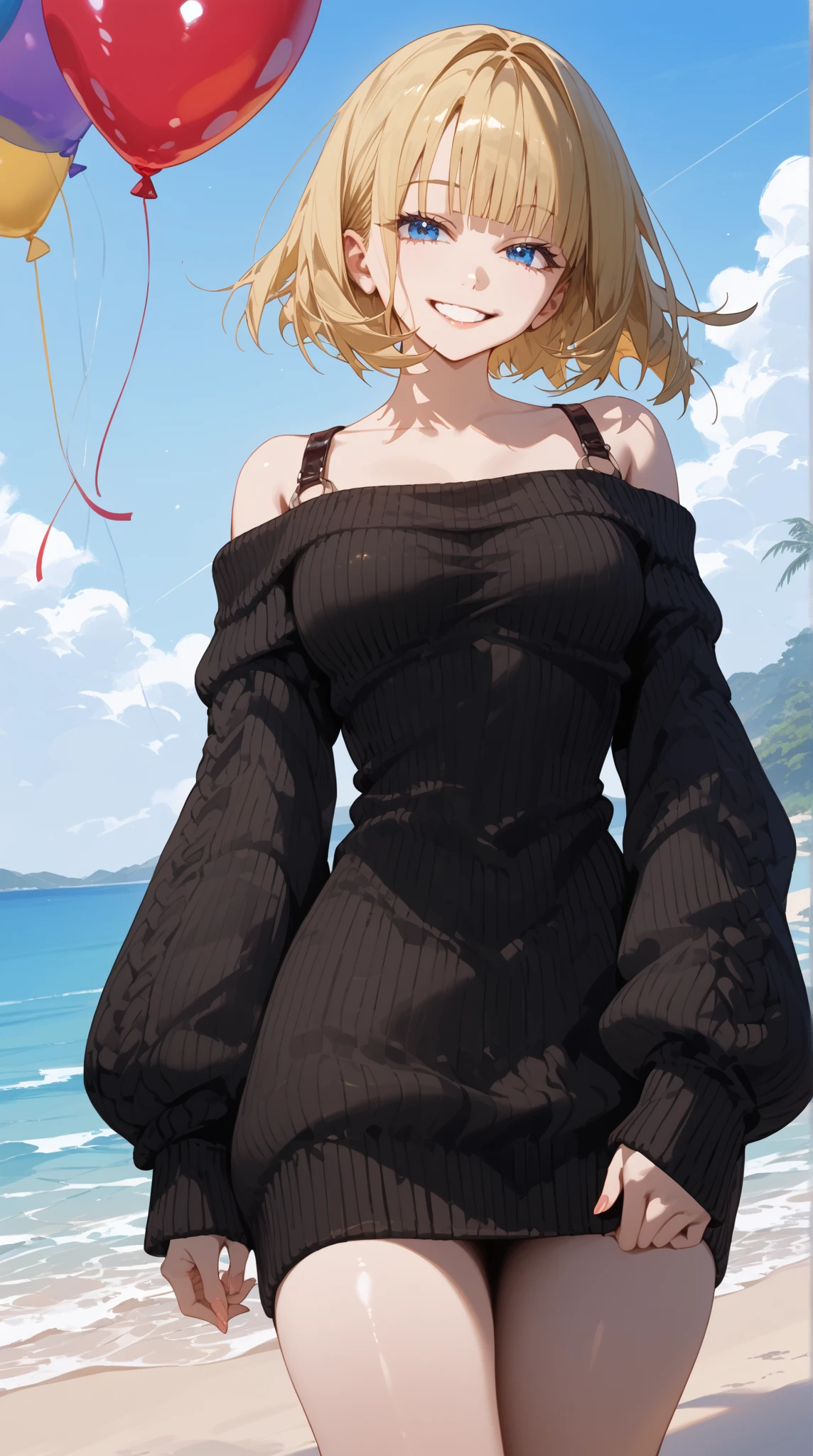 ((( One Girl ))), (( Beach )), noon, Blonde,  bob cut, chest,   from the front , ( cowboy shot), Standard body type, ( watching viewers), (( Off Shoulder  {black} knit sweater dress, Quite thick shoulder straps)), ((Balloon sleeve)),  teenager ,  head tilt:1.3, ((( blue eyes))), ((Happy smile)),  anime style, ( top quality , 4K, 8k,  high res, masterpiece:1.2,  ULTRA DETAIL,  ULTRA DETAIL eyes,  high res, 超 high res,  studio lighting ,  Super Detailed Painting ,  Sharp Focus,   physically-based rendering  ,  extremely detailed explanation ,  Short Twin Tails ,  brightly colored , Bokeh), (( top quality ,   highest image quality taken by Ki , 超 high res, 超 high res, Alone,   intense eye highlight  )), Deep written boundary,  natural soft light ,  attractive,  beautiful faces, Cleanliness,  Pure Face, Ndium Chest,  beautiful faces, Perfect means, perfect hand,  perfect body, perfect face,  Shine a Light in your eyes ,  Perfect Anatomy