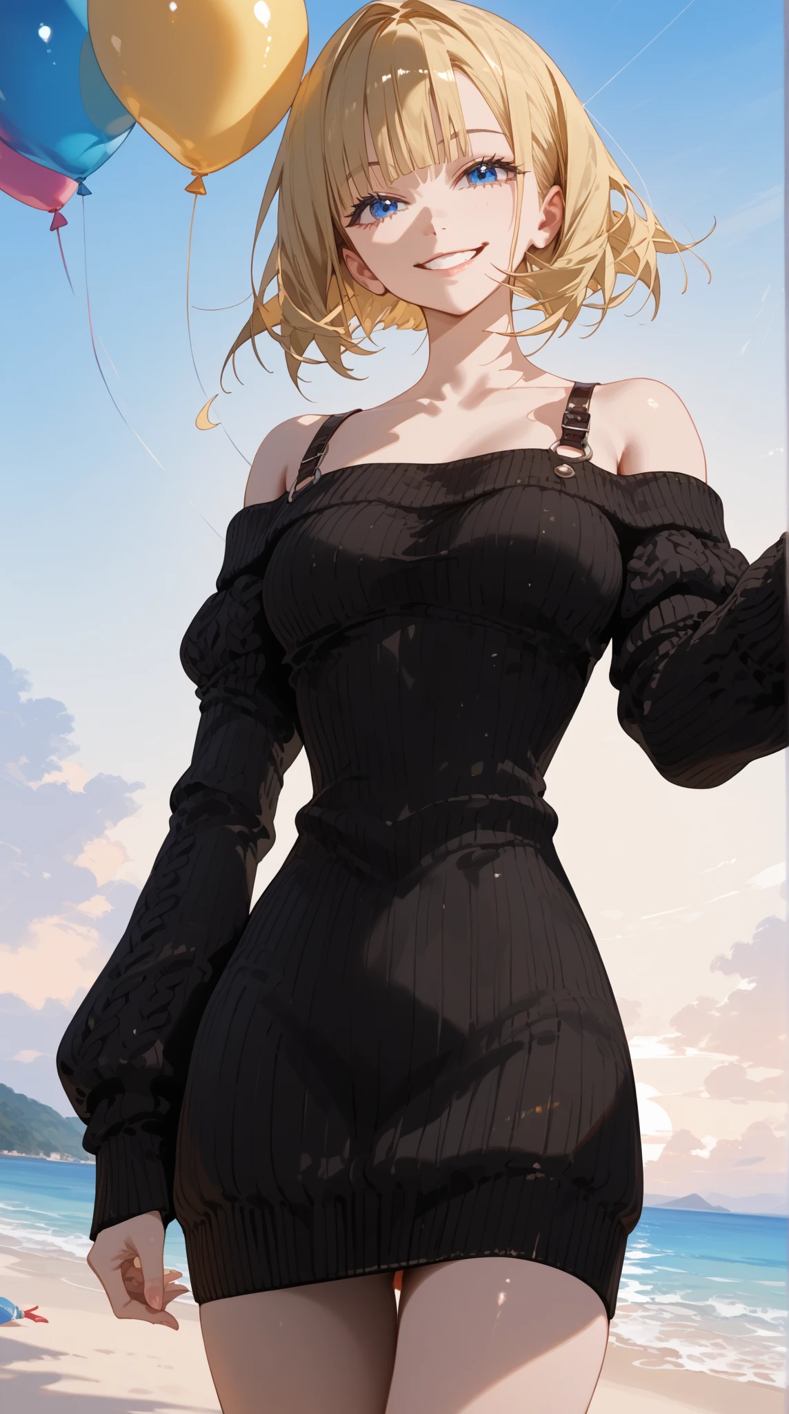 ((( One Girl ))), (( Beach )), noon, Blonde,  bob cut, chest,   from the front , ( cowboy shot), Standard body type, ( watching viewers), (( Off Shoulder  {black} knit sweater dress, Quite thick shoulder straps)), ((Balloon sleeve)),  teenager ,  head tilt:1.3, ((( blue eyes))), ((Happy smile)),  anime style, ( top quality , 4K, 8k,  high res, masterpiece:1.2,  ULTRA DETAIL,  ULTRA DETAIL eyes,  high res, 超 high res,  studio lighting ,  Super Detailed Painting ,  Sharp Focus,   physically-based rendering  ,  extremely detailed explanation ,  Short Twin Tails ,  brightly colored , Bokeh), (( top quality ,   highest image quality taken by Ki , 超 high res, 超 high res, Alone,   intense eye highlight  )), Deep written boundary,  natural soft light ,  attractive,  beautiful faces, Cleanliness,  Pure Face, Ndium Chest,  beautiful faces, Perfect means, perfect hand,  perfect body, perfect face,  Shine a Light in your eyes ,  Perfect Anatomy