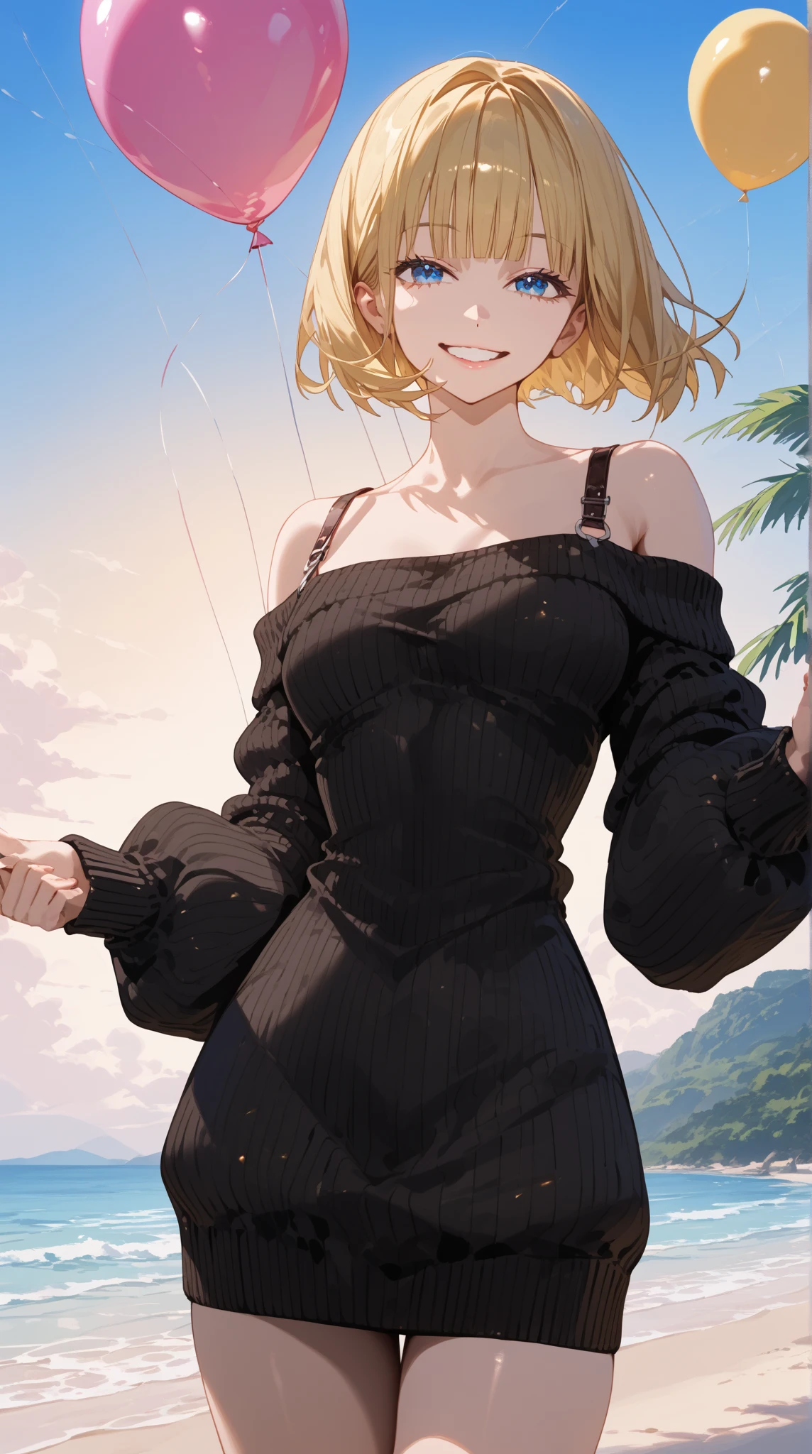 ((( One Girl ))), (( Beach )), noon, Blonde,  bob cut, chest,   from the front , ( cowboy shot), Standard body type, ( watching viewers), (( Off Shoulder  {black} knit sweater dress, Quite thick shoulder straps)), ((Balloon sleeve)),  teenager ,  head tilt:1.3, ((( blue eyes))), ((Happy smile)),  anime style, ( top quality , 4K, 8k,  high res, masterpiece:1.2,  ULTRA DETAIL,  ULTRA DETAIL eyes,  high res, 超 high res,  studio lighting ,  Super Detailed Painting ,  Sharp Focus,   physically-based rendering  ,  extremely detailed explanation ,  Short Twin Tails ,  brightly colored , Bokeh), (( top quality ,   highest image quality taken by Ki , 超 high res, 超 high res, Alone,   intense eye highlight  )), Deep written boundary,  natural soft light ,  attractive,  beautiful faces, Cleanliness,  Pure Face, Ndium Chest,  beautiful faces, Perfect means, perfect hand,  perfect body, perfect face,  Shine a Light in your eyes ,  Perfect Anatomy