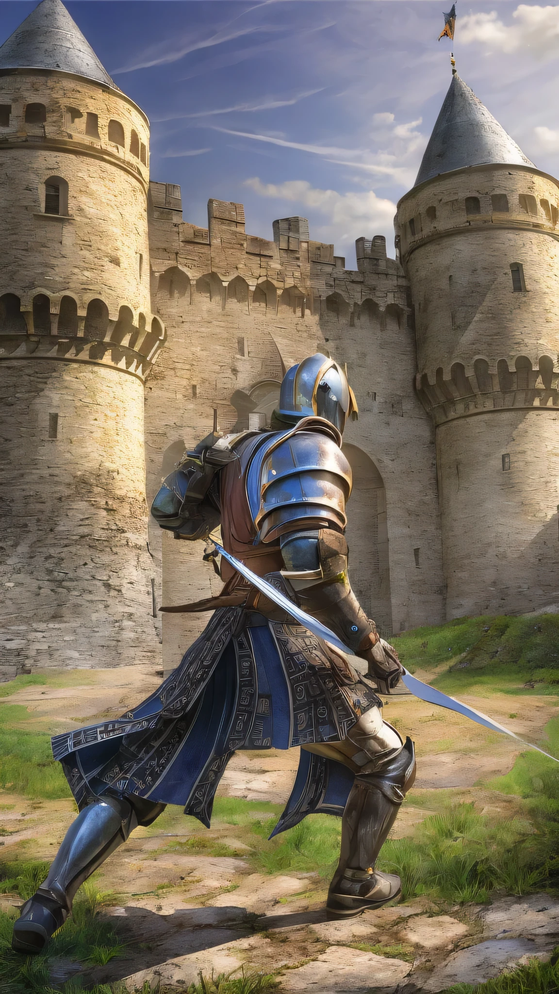  in high-definition images，masterpiece,  very detailed,  super real ,  detailed background ,  bright lighting , Daylight, medieval knight , (A swordsman fights against bandits in a square surrounded by a walled castle), (In front of the castle gate）, (Wide angle),