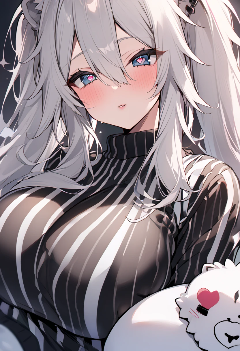   Shishirabotan、  Black knitted outfit 、 vertical striped sweater 、  black sweater、huge breasts:1.5、sagging breast:1.5、  1 girl、  Portrait、 Speaking Heart 、  focus on faces 、  straight hair  、  twin tails、  slightly disheveled hair、White Lion、Vertical white lines on clothes,heart in eyes, ハートアイ