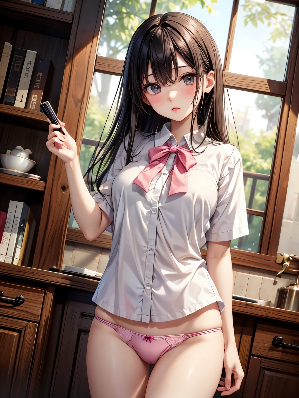 (ultra detailed eyes), (ultra detailed face),high quality, best image quality, masterpiece, teenage girl, 18 years old, very cute and beautiful girl, (undressing:1.3), (changing clothes:1.3), (adjusting bra:1.3), (Panties), (high school girl), (school locker:1.2), medium black hair, soft wavy hair, (smile:1.2), (looking back, from behind), medium breast, ((Finest quality)), ultra high resolution, ultra-detailliert, Meticulous portrayal, ((Best Anime)),