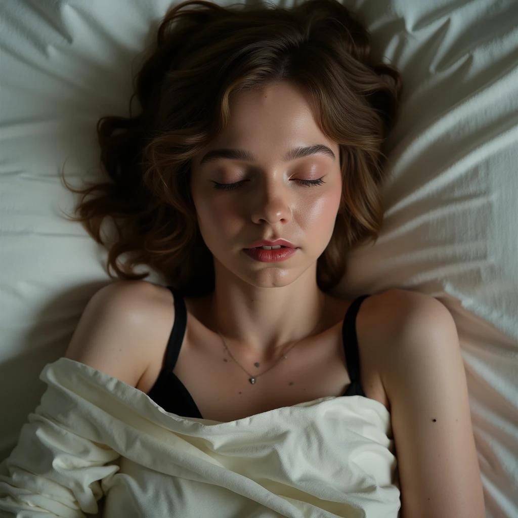 Emma Myers, picture from above, lying limp on a bed with white sheets on back, black bra, sleeping, closed eyes, head tilt, mouth slightly open, loose arms