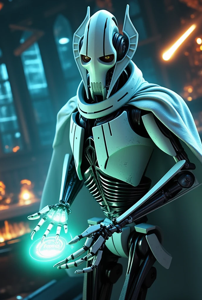 GeneralGrievous,Futuristic 3D hologram of a glowing logo in the palm of his hand,(logo says“30K Favorited Thank you!”),vivid colors, high-tech feel,detailed hands,sci-fi aesthetic,soft lighting,The scenes are realistic and beautiful,the digital aspect is emphasized,explosions and flames,he is wearing a white cape,(GeneralGrievous,cyborg,alien,mask,reptile eyes,slit pupils:1.3),robot sci-fi,he has weapons,dynamic action,masterpiece,top quality,super detailed,8K portrait,highly detailed,super detailed skin,highly detailed background