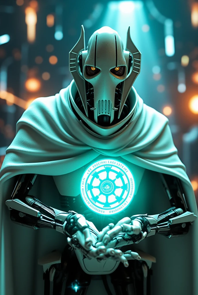 GeneralGrievous,Futuristic 3D hologram of a glowing logo in the palm of his hand,(logo says“30K Favorited Thank you!”),vivid colors, high-tech feel,detailed hands,sci-fi aesthetic,soft lighting,The scenes are realistic and beautiful,the digital aspect is emphasized,explosions and flames,he is wearing a white cape,(GeneralGrievous,cyborg,alien,mask,reptile eyes,slit pupils:1.3),robot sci-fi,he has weapons,dynamic action,masterpiece,top quality,super detailed,8K portrait,highly detailed,super detailed skin,highly detailed background