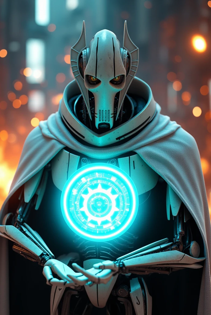 GeneralGrievous,Futuristic 3D hologram of a glowing logo in the palm of his hand,(logo says“30K Favorited Thank you!”),vivid colors, high-tech feel,detailed hands,sci-fi aesthetic,soft lighting,The scenes are realistic and beautiful,the digital aspect is emphasized,explosions and flames,he is wearing a white cape,(GeneralGrievous,cyborg,alien,mask,reptile eyes,slit pupils:1.3),robot sci-fi,he has weapons,dynamic action,masterpiece,top quality,super detailed,8K portrait,highly detailed,super detailed skin,highly detailed background