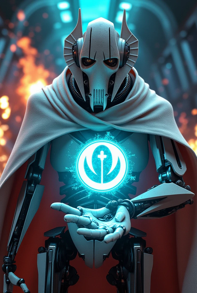 GeneralGrievous,Futuristic 3D hologram of a glowing logo in the palm of his hand,(logo says“30K Favorited Thank you!”),vivid colors, high-tech feel,detailed hands,sci-fi aesthetic,soft lighting,The scenes are realistic and beautiful,the digital aspect is emphasized,explosions and flames,he is wearing a white cape,(GeneralGrievous,cyborg,alien,mask,reptile eyes,slit pupils:1.3),robot sci-fi,he has weapons,dynamic action,masterpiece,top quality,super detailed,8K portrait,highly detailed,super detailed skin,highly detailed background