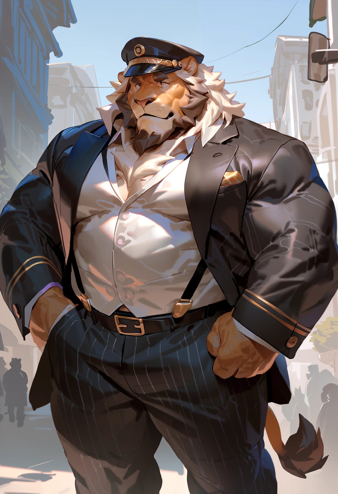 1boy, 1man, solo, (furry lion), (face, detailed face, bearded, white beard, thick mustache), (glasses), city, night, dinamic pose, pose, (suits), well-muscled old man. ((extremely muscle size, super thick arms, huge pec, hyper pec, bigger chest, extremely wide pectoral , huge arms)), wide smiling. Add textures and details to make the image more realistic, such as the appearance of the. Make sure the resulting image is high resolution, 8K quality