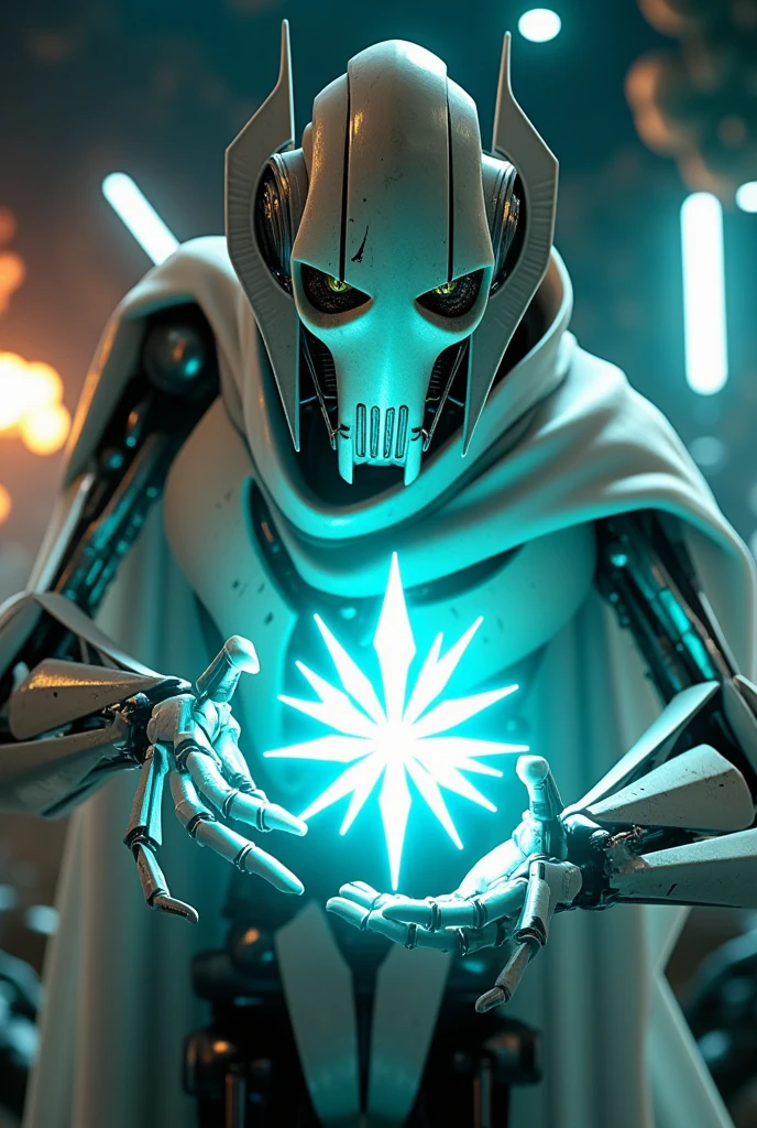 GeneralGrievous,Futuristic 3D hologram of a glowing logo in the palm of his hand,((logo says“30K”)),vivid colors, high-tech feel,detailed hands,sci-fi aesthetic,soft lighting,The scenes are realistic and beautiful,the digital aspect is emphasized,explosions and flames,he is wearing a white cape,(GeneralGrievous,cyborg,alien,mask,reptile eyes,slit pupils:1.3),robot sci-fi,he has weapons,dynamic action,masterpiece,top quality,super detailed,8K portrait,highly detailed,super detailed skin,highly detailed background