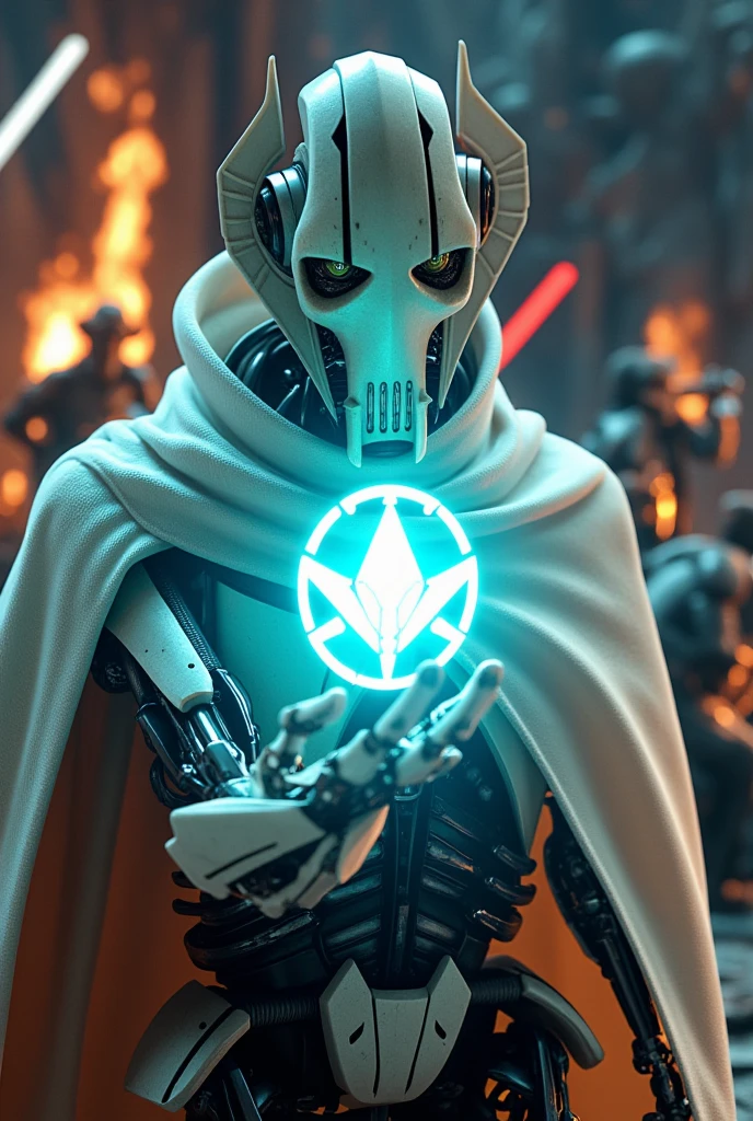 GeneralGrievous,Futuristic 3D hologram of a glowing logo in the palm of his hand,((logo says“30K”)),vivid colors, high-tech feel,detailed hands,sci-fi aesthetic,soft lighting,The scenes are realistic and beautiful,the digital aspect is emphasized,explosions and flames,he is wearing a white cape,(GeneralGrievous,cyborg,alien,mask,reptile eyes,slit pupils:1.3),robot sci-fi,he has weapons,dynamic action,masterpiece,top quality,super detailed,8K portrait,highly detailed,super detailed skin,highly detailed background