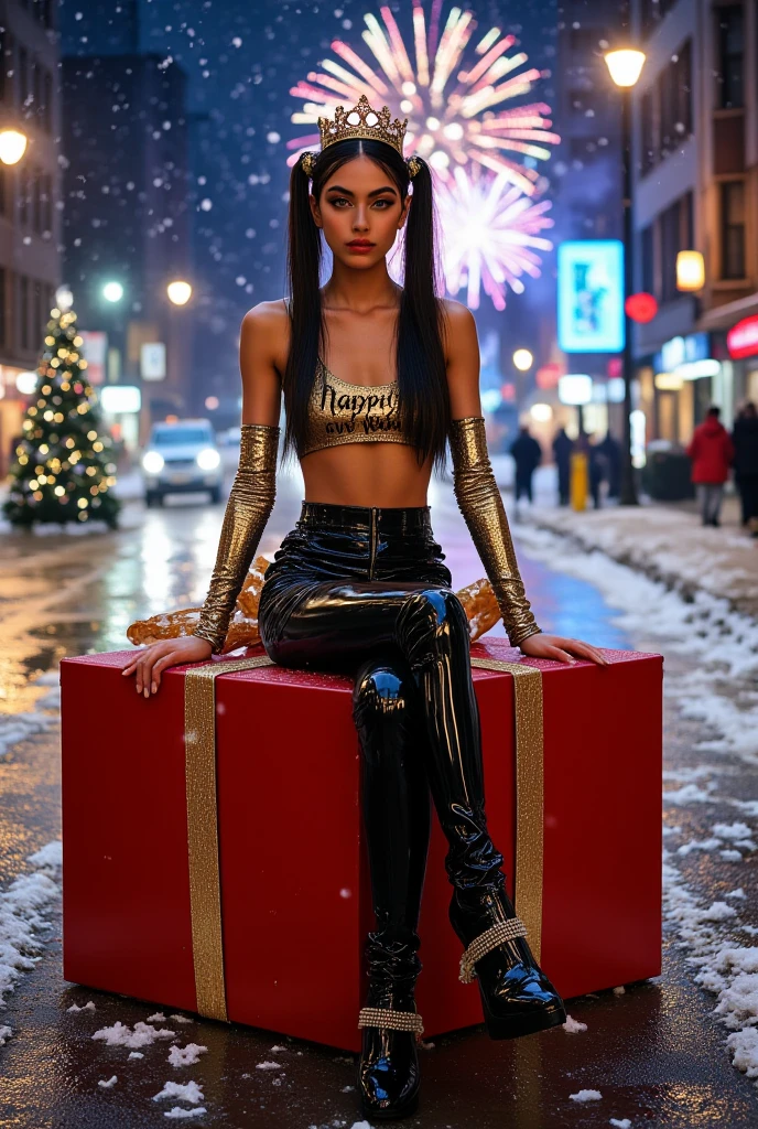 tired girl, christmas, supermodel look, beautiful slim skinny anorexic teen girl she is in long black stockings with 20inch platform high heels, (skin tight black shiny latex mini skirt), long shiny pigtail black hair with gold hairbands, princess crown on here head, (skinny anorexic model body), gold glitter skintight cropped top with long sleves with the text "Happy New Year" , sitting in the middle of snowy street on a huge big christmas gift box, snowdrifts, snow falling, glittery snow in the air, beautiful worm lighting, colorful fireworks in the sky behind here, street lights, Christmas tree in the background, colorful, fashion style, editorial photo shot, proffesional model, professional photoshoot, high-resolution, hyper-detailed, ultra-sharp, full-hight scene view