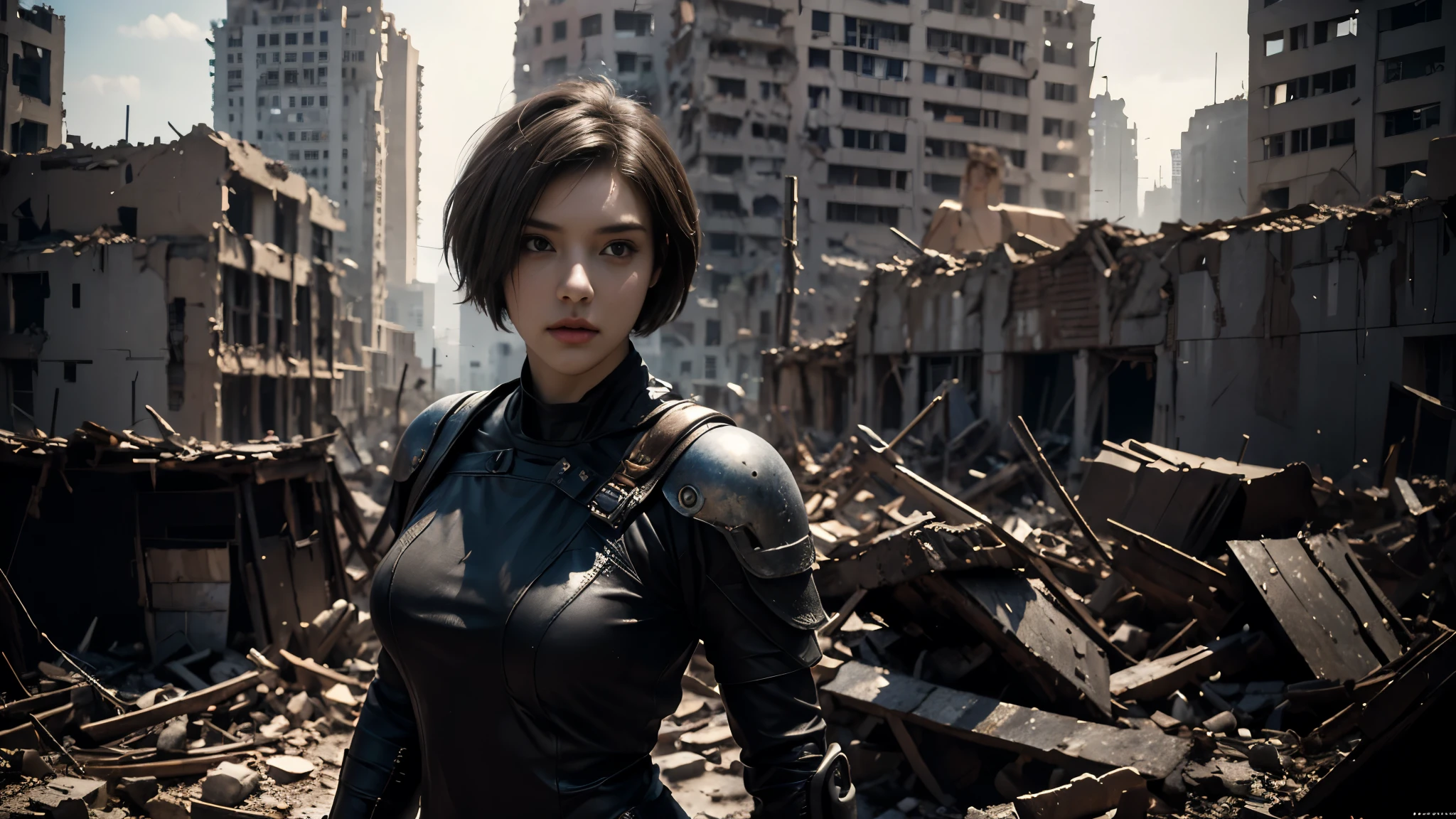 masterpiece, high resolution,8K,( Portrait Photos:1.5),(R Original Photo),Reality,Digital Photography,(Ruins of the Apocalypse ),City ruins,20 year old pretty female ,Short hair,Shut up, post-apocalyptic scene , Upper body photography ,Damaged Armor,Full figure