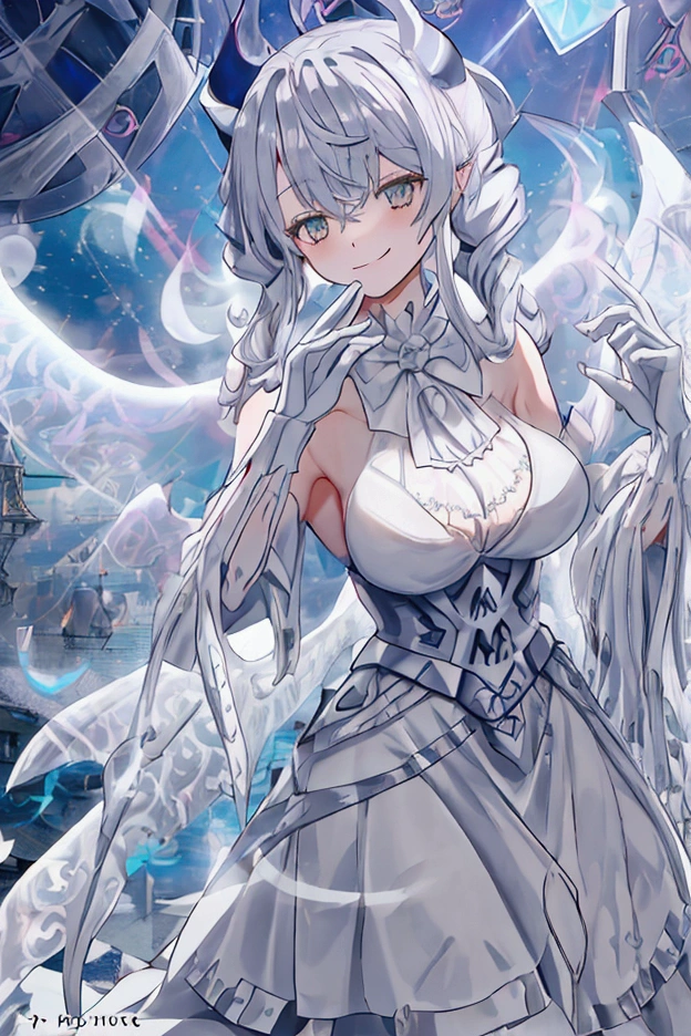 High level image quality best image quality 8K adult woman whole body view portrait sky long gloves(elbow gloves) sky long dress(slit) ears short hair((shortcut)(gray hair)(perm)(fluffy)) eye color is blue attractive evil face , face detail , smile , sexy pose , labrynth , erotic styles , view all from behind side