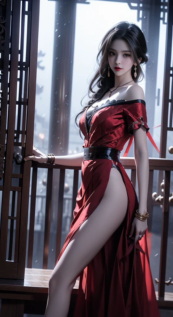 medieval setting, full view of body, 1 skinny female with large breast, beatiful smokey green eyes, black hair pinned up, elegant off-shoulder strapless midi dress, red scarf around her neck, eerie sunset