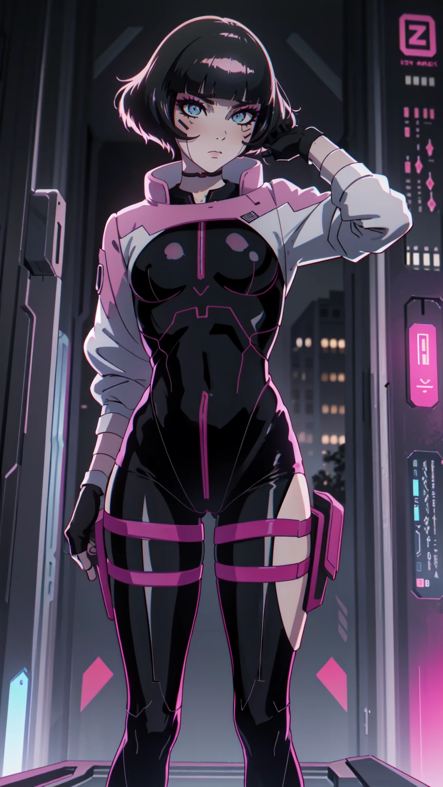 Create an illustration of Sasha from Cyberpunk: Edgerunners. She is a young netrunner with a slender and agile physique, reflecting her hacker lifestyle. Her hair is short, (black hair), messy, and brightly colored, often with neon highlights like electric blue or vibrant pink. Her (blue eyes) have a sharp, tech-enhanced glow, hinting at cybernetic implants. Sasha wears a sleek, tactical bodysuit designed for mobility and stealth, primarily in shades of black and dark gray, accented with neon lines that pulse softly with her netrunning activity. Her gloves are fingerless, exposing cybernetic fingertips perfect for interfacing with technology. Completing her look are combat boots and a utility belt filled with small hacking tools and gadgets. The overall vibe is a mix of futuristic hacker aesthetic and street-smart edge, blending style and functionality. walking on the floor, with pink botes, dinamic poses,