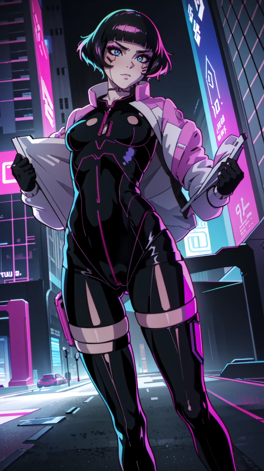 Create an illustration of Sasha from Cyberpunk: Edgerunners. She is a young netrunner with a slender and agile physique, reflecting her hacker lifestyle. Her hair is short, (black hair), messy, and brightly colored, often with neon highlights like electric blue or vibrant pink. Her (blue eyes) have a sharp, tech-enhanced glow, hinting at cybernetic implants. Sasha wears a sleek, tactical bodysuit designed for mobility and stealth, primarily in shades of black and dark gray, accented with neon lines that pulse softly with her netrunning activity. Her gloves are fingerless, exposing cybernetic fingertips perfect for interfacing with technology. Completing her look are combat boots and a utility belt filled with small hacking tools and gadgets. The overall vibe is a mix of futuristic hacker aesthetic and street-smart edge, blending style and functionality. walking on the floor, with pink botes, dinamic poses,