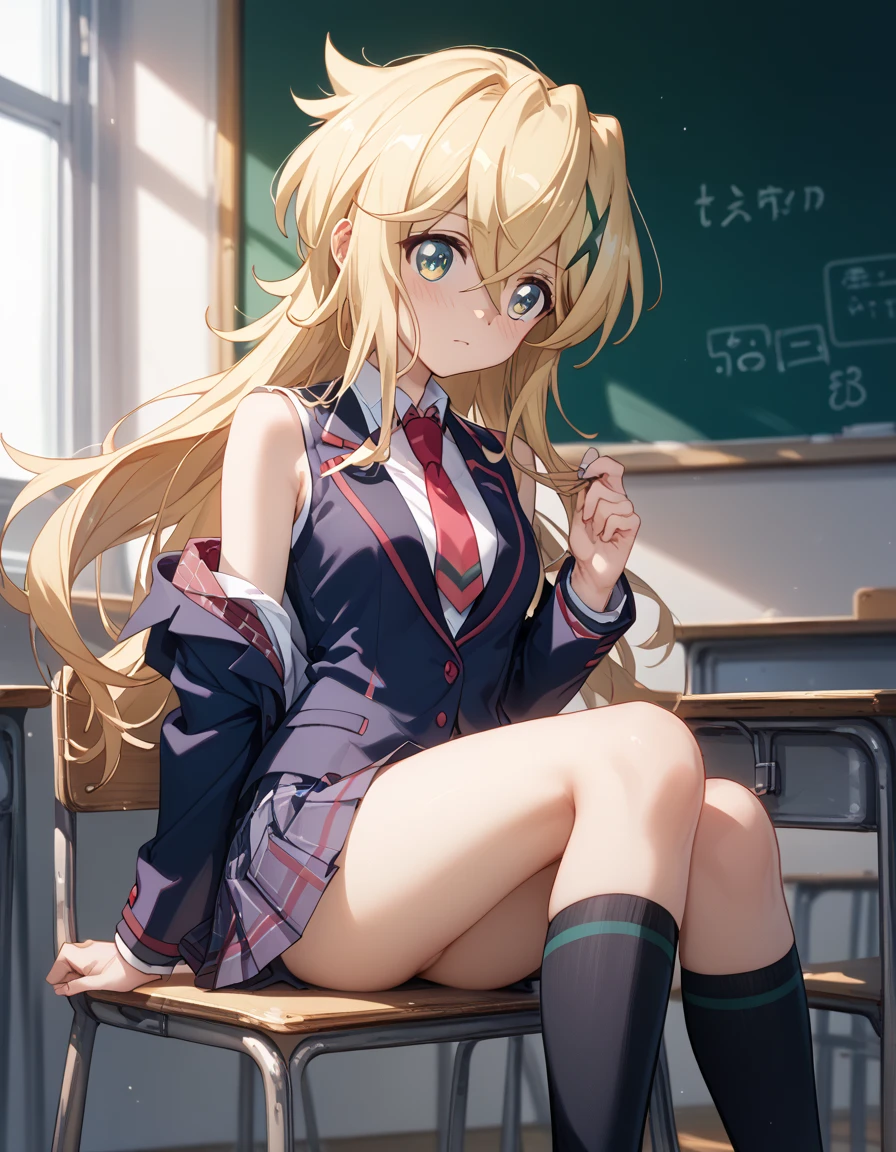 ((( Akatsuki Corporation))),、sefw,school uniform, blazer, pleated skirt, white_shirt,  red necktie  、(remove blazer and add sleeveless for the summer uniform)、whole、 high image quality、 High Quality 、Glossy、 open crotch、 shy expression、Flushing、classroom、(sitting)、((upskirt))