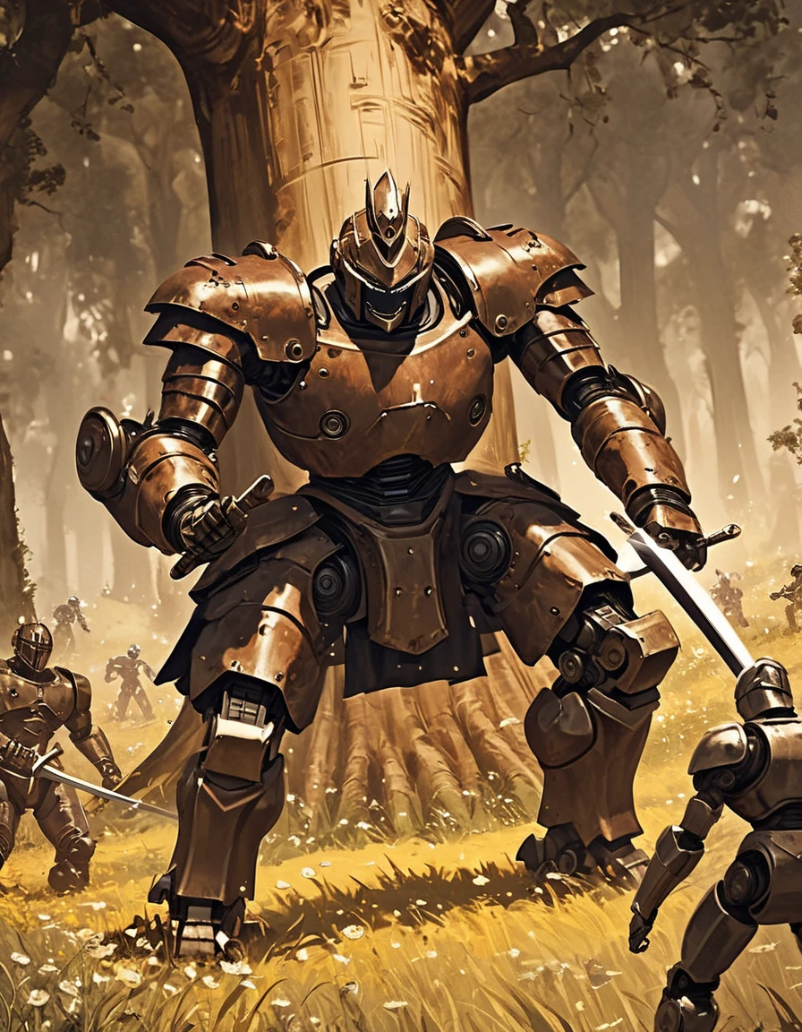 Animation, 8K quality, sophisticated design, advanced lighting techniques, work of art, painterly, theme is "robot gladiator", robot gladiator with a funny face, training in a cheerful atmosphere, swinging a sword at a big tree, sword training, retro sci-fi style, sepia tone, telephoto lens used, blurred grass and flowers in the field