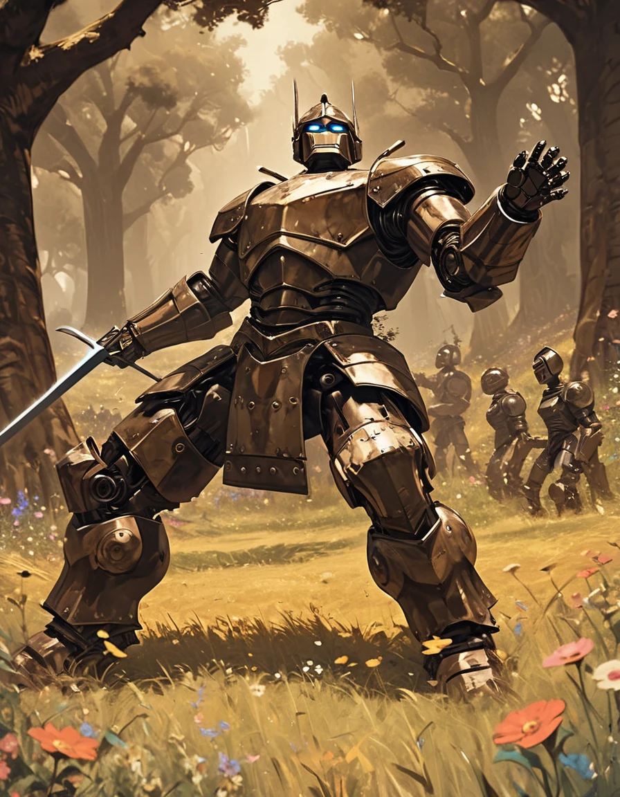 Animation, 8K quality, sophisticated design, advanced lighting techniques, work of art, painterly, theme is "robot gladiator", robot gladiator with a funny face, training in a cheerful atmosphere, swinging a sword at a big tree, sword training, retro sci-fi style, sepia tone, telephoto lens used, blurred grass and flowers in the field