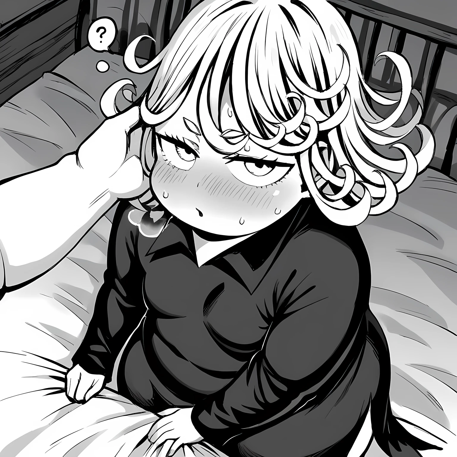 score_9, score_8_up, score_7_up, source_anime,
tatsumaki, tatsumaki, short hair, curly hair, monochrome, greyscale,
long sleeves, dress,
indoors, bed, bed room, on side, blush, drunk,
looking at viewer, cowboy shot, solo, dutch angle, swollen face, fat, chubby, obese, open mouth, out of breath, absurdres, highres icon, rating:General, confused, blush, {flustered}, nervous sweating, portrait, pov hands, hand on another's cheek, averting eyes, [looking away], straight-on, from above,  upper body, masterpiece, best quality, ultra-detailed, high resolution, 8K, 