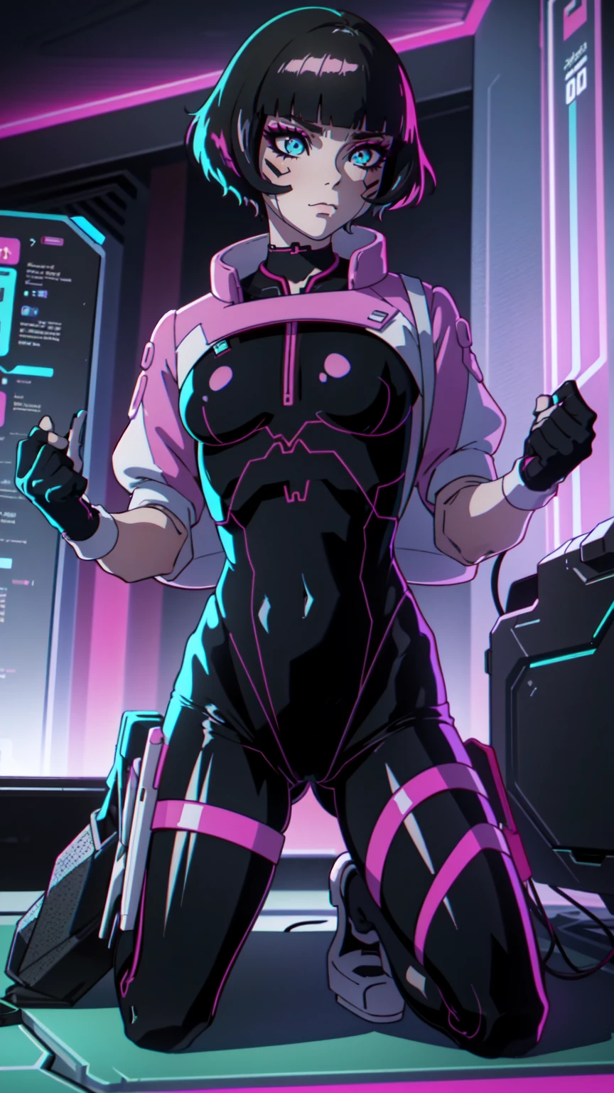 Create an illustration of Sasha from Cyberpunk: Edgerunners. She is a young netrunner with a slender and agile physique, reflecting her hacker lifestyle. Her hair is short, (black hair), messy, and brightly colored, often with neon highlights like electric blue or vibrant pink. Her (blue eyes) have a sharp, tech-enhanced glow, hinting at cybernetic implants. Sasha wears a sleek, tactical bodysuit designed for mobility and stealth, primarily in shades of black and dark gray, accented with neon lines that pulse softly with her netrunning activity. Her gloves are fingerless, exposing cybernetic fingertips perfect for interfacing with technology. Completing her look are combat boots and a utility belt filled with small hacking tools and gadgets. The overall vibe is a mix of futuristic hacker aesthetic and street-smart edge, blending style and functionality. sitting, dinamic poses,