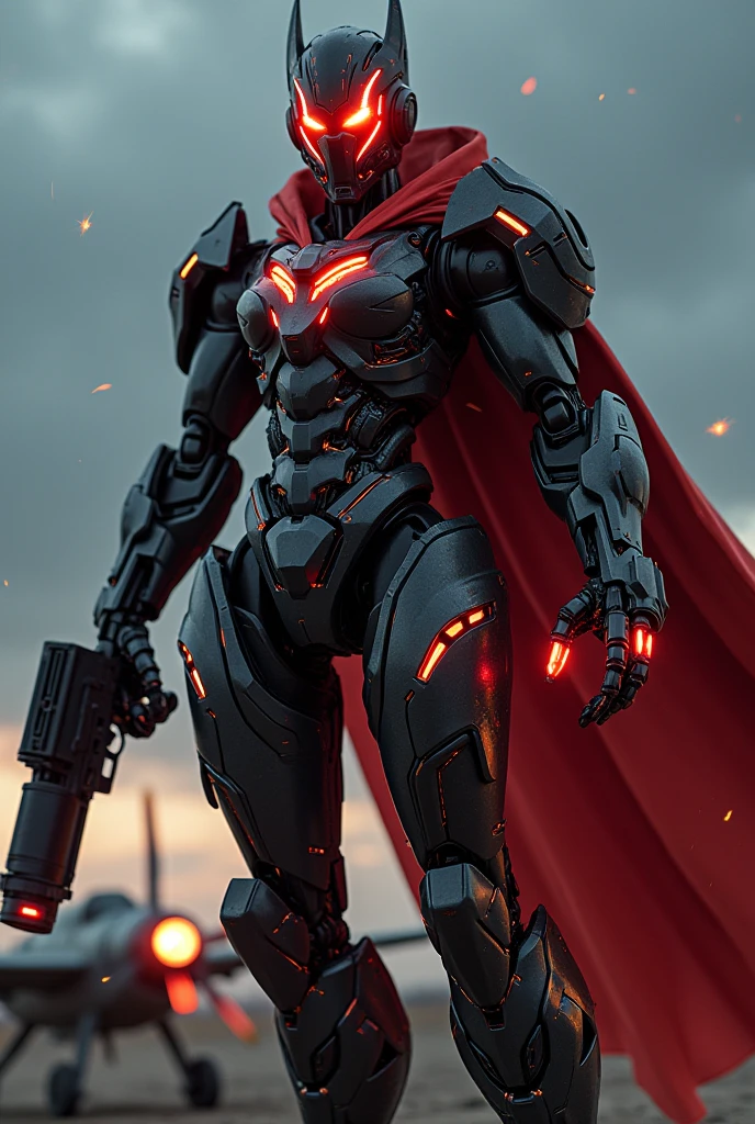 a massive robot gladiator,  wears a black-and-red glowing tech-punk mask next to the broken small aircraft， eyes sparkle, With a weapon in hand，  a red breakout cape swaying in the wind , highly detailed metal armor, glowing energy weapons, 破损的小型飞行器旁边, night, Sparks and explosions， apocalyptic wasteland background, Realistic, Best Picture Quality , Highest clarity, original,  surrealism, high detail,  futuristic ,  Light and Dark Contrast,  movie lights,  ray tracing, Reflected Light,