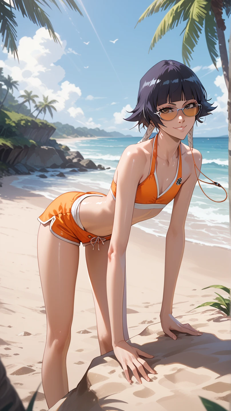 Soi fon from bleach, beach, sand, palm tree, sunlight, shiny skin,  Posing for Photohooting like a model, Supermodel ,flat chest,  sunglasses  ,cute Smile, orange bikini, removing shorts, bent over