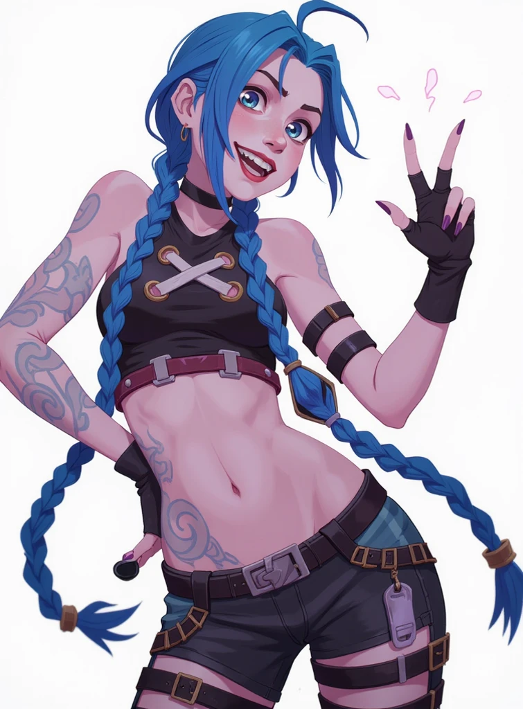 character art of jinx doing finger guns, jinx arcane, facial expressions, long blue braids, jinx arcane, loish art style, loish art