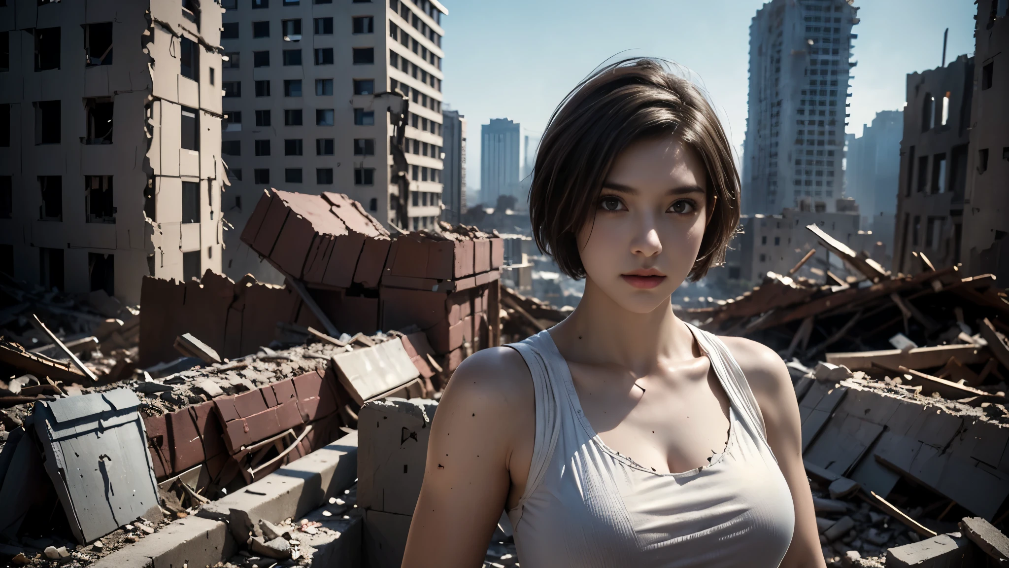 masterpiece, high resolution,8K,( Portrait Photos:1.5),(R Original Photo),Reality,Digital Photography,(Ruins of the Apocalypse ),City ruins,20 year old pretty female ,Short hair,Shut up, post-apocalyptic scene , Upper body photography ,Damaged Armor,Full figure