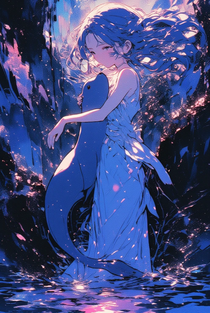 ((line-art Anime, manga aesthetic, highly detailed, vibrant colors, dynamic lighting, soft shading, 8k resolution, masterpiece)),(((1girl_seal:1.2)))A woman emerging from water, with a seal climbing up beside her to embrace her, symbolizing harmony and connection. The woman has long, flowing hair, wearing a simple, elegant dress that drapes gently around her body, creating a sense of ethereal beauty. The seal, with smooth fur and expressive eyes, gently wraps its flippers around her in a tender embrace. The scene is set in a serene, mystical landscape with soft, glowing light filtering through the water. The background is filled with gentle waves and mist, creating a peaceful atmosphere. The scene is highly detailed with dynamic lighting and vibrant colors, bringing out the contrast between the dark depths of the water and the illuminated figure of the woman and the seal. The art style is anime-inspired with manga aesthetics, soft shading, and vibrant hues that make the characters stand out beautifully. The image is rendered in 8k resolution, creating a sense of depth and intricacy in every detail, showcasing the masterpiece of this serene, magical moment."