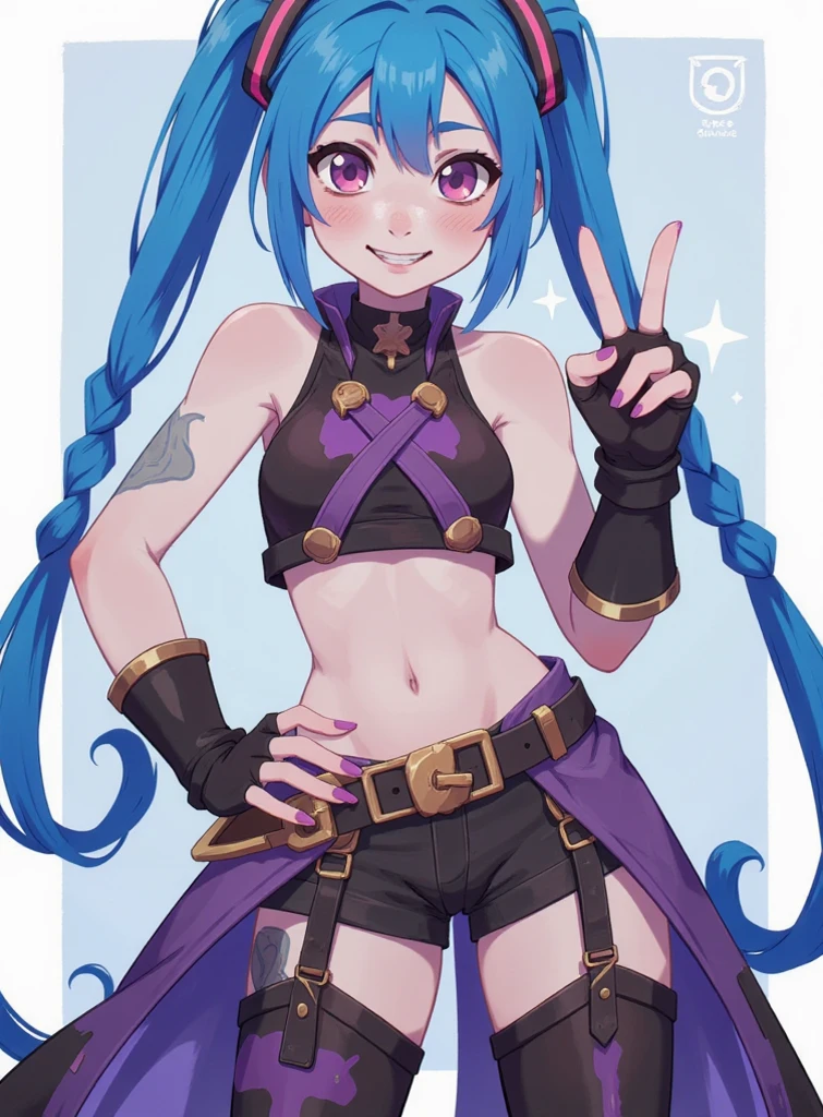 character art of jinx doing finger guns, jinx arcane, facial expressions, long blue braids, jinx arcane, loish art style, loish art