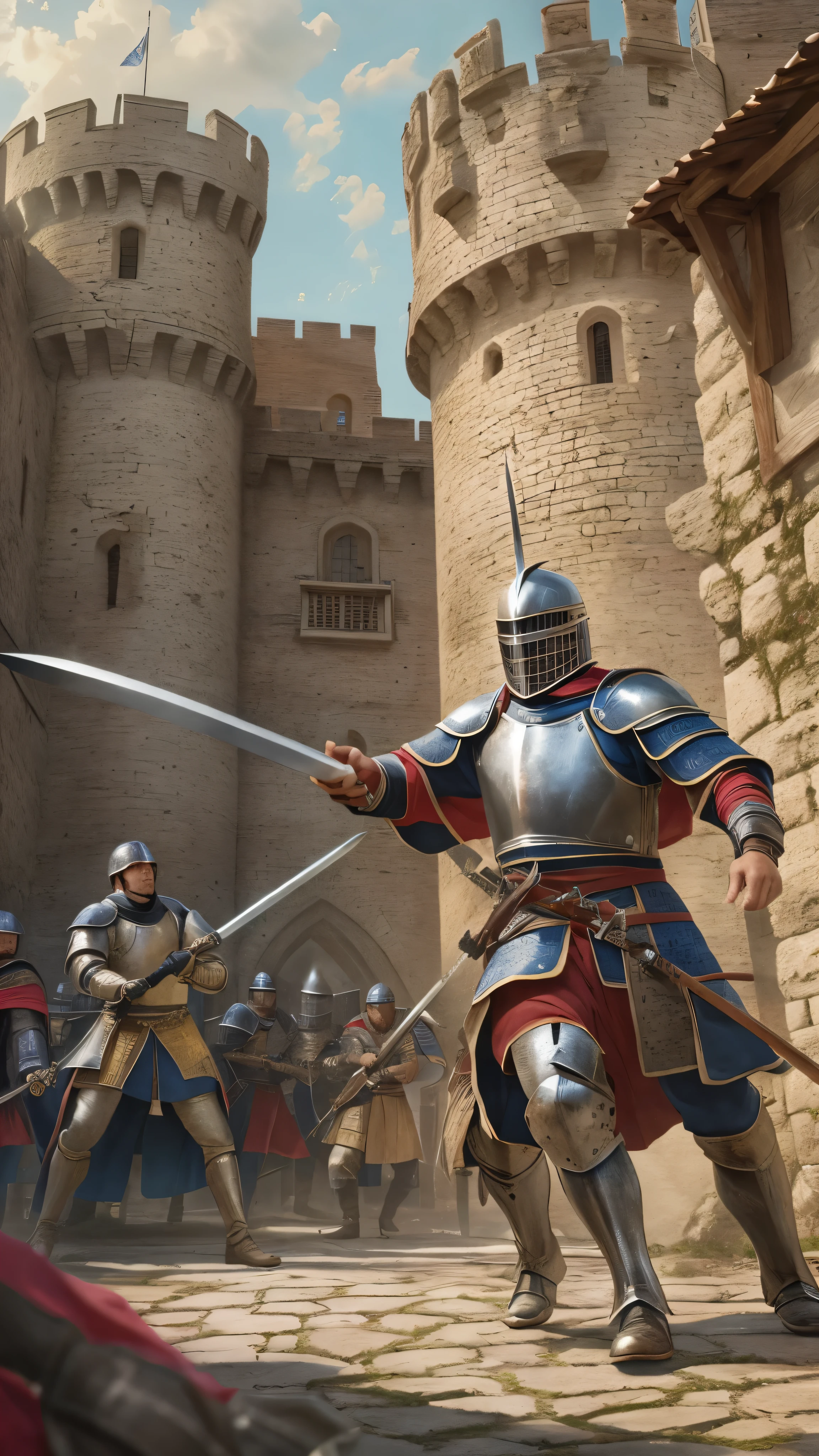  high-definition picture ，masterpiece,  very detailed,  super real ,  detailed background ,  Bright Lighting , Daylight, medieval knight , (A swordsman fights against bandits in a square surrounded by a walled castle), (In front of the castle gate）, (Wide angle),