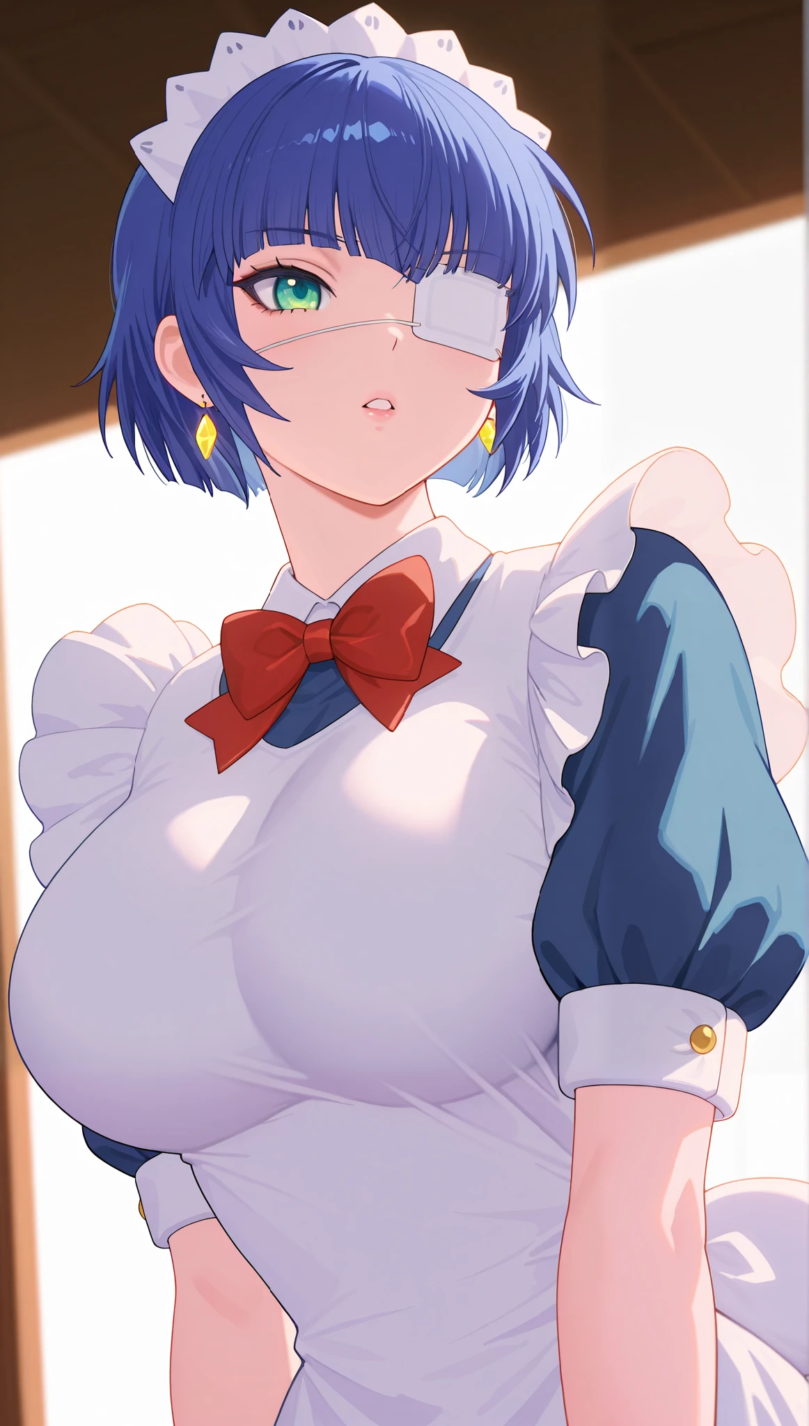 (masterpiece), (portrait), big breasts (aesthetics), ((1 female 21 years old)), Highlight earrings), ((short hair)), ((Hot crystal dark blue hair, bow tie and an eye patch)), ((Shimei Ryomou)) straight hair, thin eyes open, green eyes, cute, naughty, parted lips, woman, feminine, beautiful, female features, top, high quality, aesthetic clothing, professional angle, (rule of thirds), (feminine), , (beautiful) , (female ) features), solo, (Korean attractive), summer, (ink haze), (afternoon), (vibrant light), seductive posture, ((face looking forward))), Shimei Ryomou, maid uniform, short puffed sleeves, maid tiara, wrist cuffs, sensual ((Energy)), (Bold Makeup), (big breasts), Fair Skin, (Clothes with Hip Hop Details), (a hot Shimei Ryomou, sculptural body, sexy pose), (Sleep Neckline), Beautiful Hands, Body beautiful, beautiful ears, beautiful eyes, bright eyes, beautiful mouth, beautiful lips, school terrace