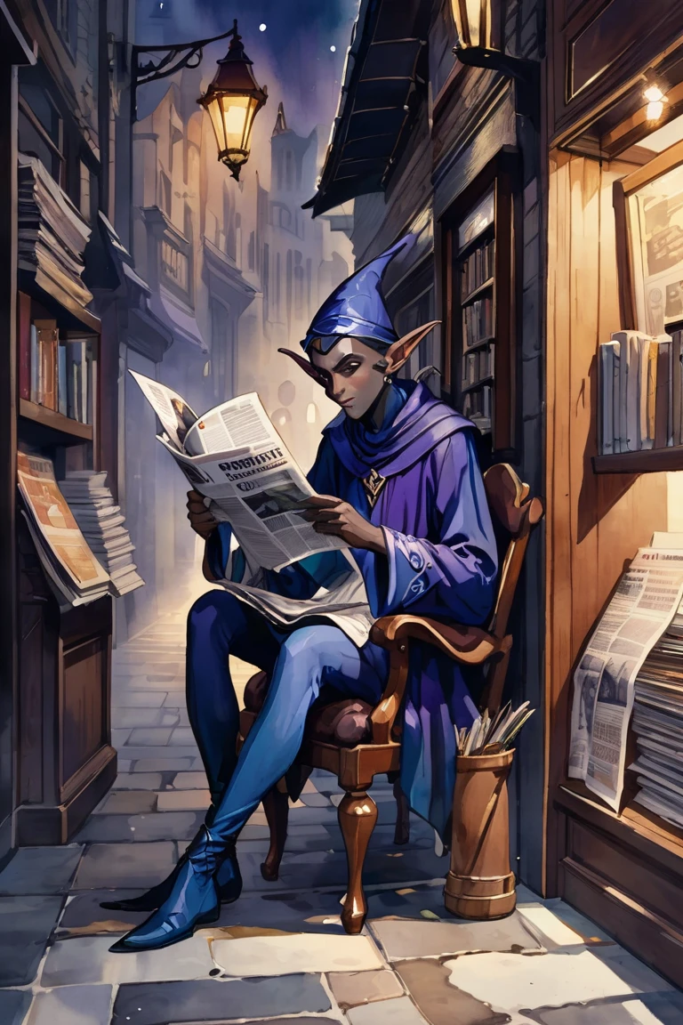 Watercolour of a dark male elf drow reading a newspaper 