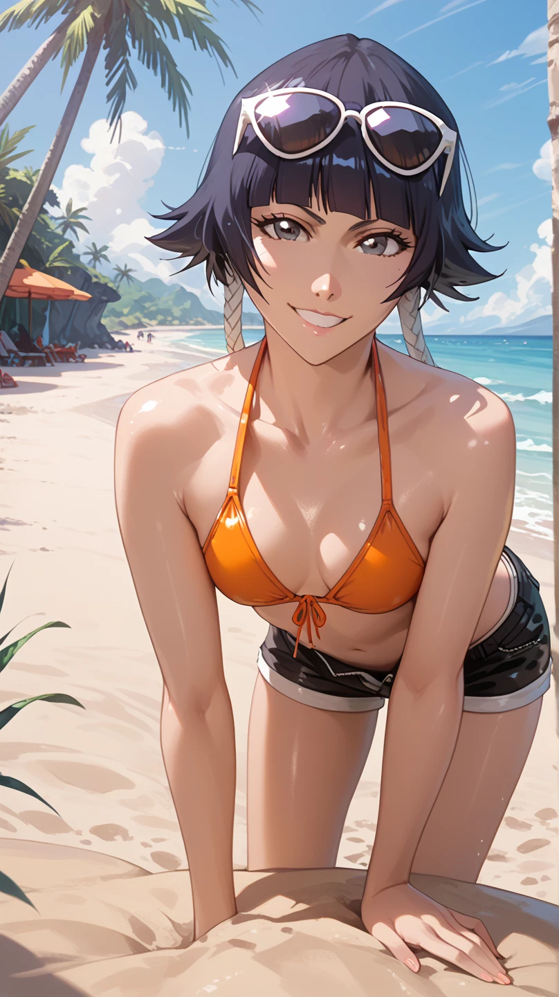 anime screencap,beach,water,sun,blue sky, 1girl, solo, short hair, black hair, purple eyes, hair between eyes, cowboy shot,closed mouth, smirk,bare legs, leaning forward, facing away,navel,underwear, ass, butt, on all fours, bent over, bending over