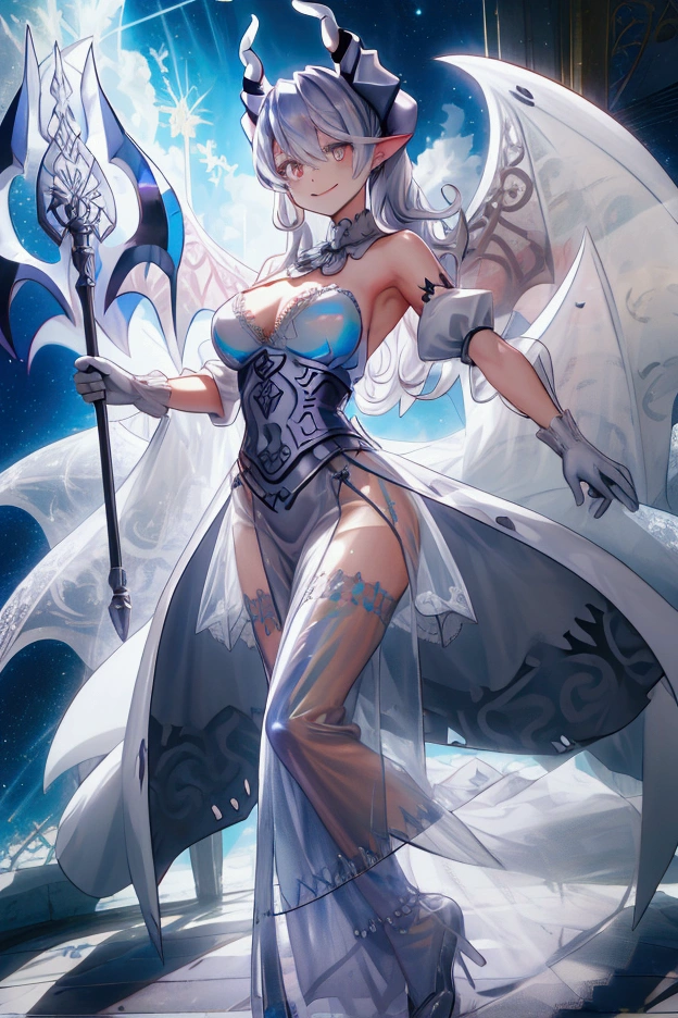 One girl, labrynth, Silver Hair, Grey Eyes, big breasts, horn, Cleavage, silver castle, Exquisite, blush, Nervous,Cowboy Shot, ,High quality generation of dark female characters, Unreasonable,Her figure is terribly beautiful, Emphasizing the dark and crazy elements. Skillfully expressing the effects of light and shadow, detailed, The face and expression of the black costume are also carefully drawn.., Artistic elements add depth to the work, With a unique artistic touch. This film is visually stimulating and aesthetically pleasing.