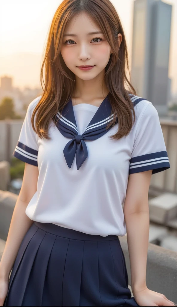 neat college girl, (school uniform, sailor uniform, ribbon tied at chest, summer clothes, upper body white, skirt dark blue, short sleeves), outside the athletic field, (slim), photorealistic, detail, skin texture, ultra detail, delicate and sexy collarbone, smile, super detailed face, detailed lips, detailed eyes, double eyelids, small breasts, small breasts, small, flat breasts, breast emphasis