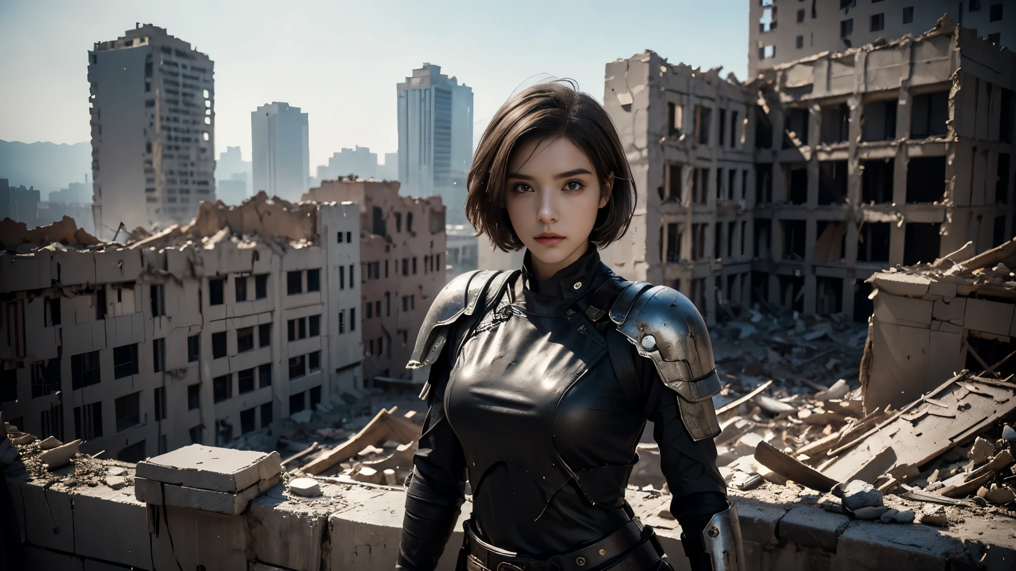 masterpiece, high resolution,8K,( Portrait Photos:1.5),(R Original Photo),Reality,Digital Photography,(Ruins of the Apocalypse ),City ruins,20 year old pretty female ,Short hair,Shut up, post-apocalyptic scene , Upper body photography ,Damaged Armor,Full figure