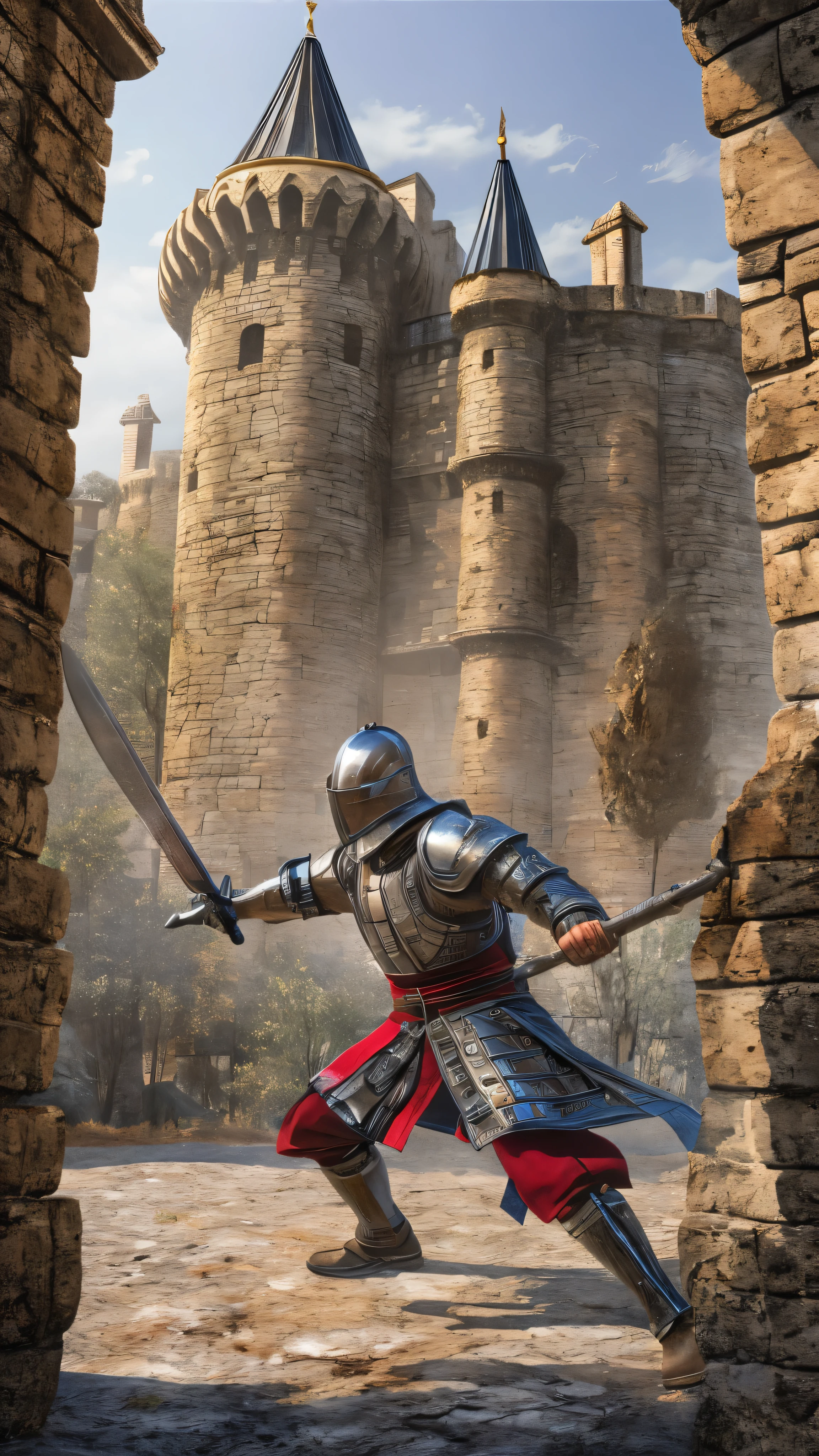  high-definition picture ，masterpiece,  very detailed,  super real ,  detailed background ,  Bright Lighting , Daylight, medieval knight , (A swordsman fights against bandits in a square surrounded by a walled castle), (In front of the castle gate）, (Wide angle),