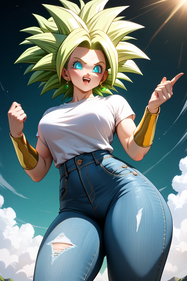 ((Black line work  )),   detailed line work, ((  Masterpiece )), (( Golden Ratio )), ((dynamic)), ((natural)) ((  Best Quality )), (( ultra detailed)), ((  kefla dragon ball super  )), {1 woman}, { neon green hair }, { super saiyan style}, {  Dragon Ball Super character style }, Blue eyes, 2 green earrings, {{sexy}},  big breasts,  big legs ,  big butt, {{ perfect anatomy }},, perfect:1.2,  score, blonde hair, BREAK ( Masterpiece:1.2),  Best Quality ,  high resolution ,( detailed eyes :1.3),  perfect lighting ,(perfect hands,  Perfect anatomy ), denim jeans, high waist jeans, thick thighs, wide hips, feminine pose, white shirt, shirt tucked in, from below
