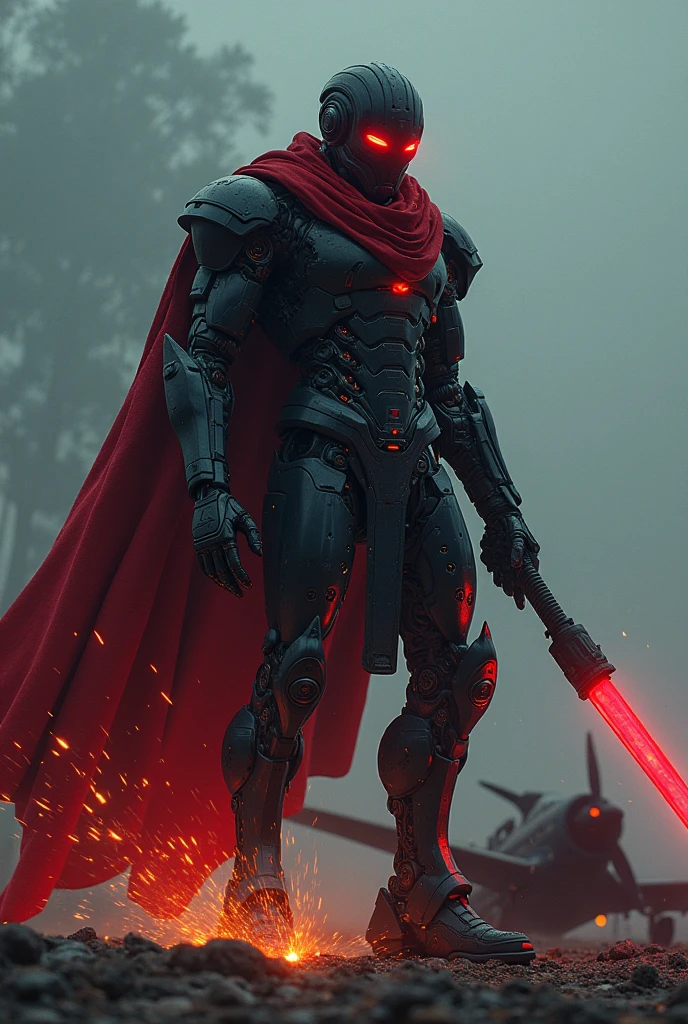 a massive robot gladiator,  wears a black-and-red glowing tech-punk mask next to the broken small aircraft， eyes sparkle, With a weapon in hand，  a red breakout cape swaying in the wind , highly detailed metal armor, glowing energy weapons, 破损的小型飞行器旁边, night, Sparks and explosions， apocalyptic wasteland background, Realistic, Best Picture Quality , Highest clarity, original,  surrealism, high detail,  futuristic ,  Light and Dark Contrast,  movie lights,  ray tracing, Reflected Light,