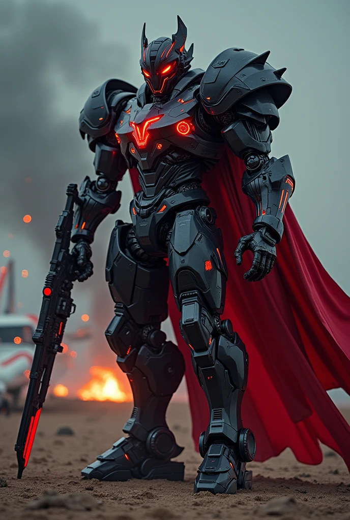 a massive robot gladiator,  wears a black-and-red glowing tech-punk mask next to the broken small aircraft， eyes sparkle, With a weapon in hand，  a red breakout cape swaying in the wind , highly detailed metal armor, glowing energy weapons, 破损的小型飞行器旁边, night, Sparks and explosions， apocalyptic wasteland background, Realistic, Best Picture Quality , Highest clarity, original,  surrealism, high detail,  futuristic ,  Light and Dark Contrast,  movie lights,  ray tracing, Reflected Light,