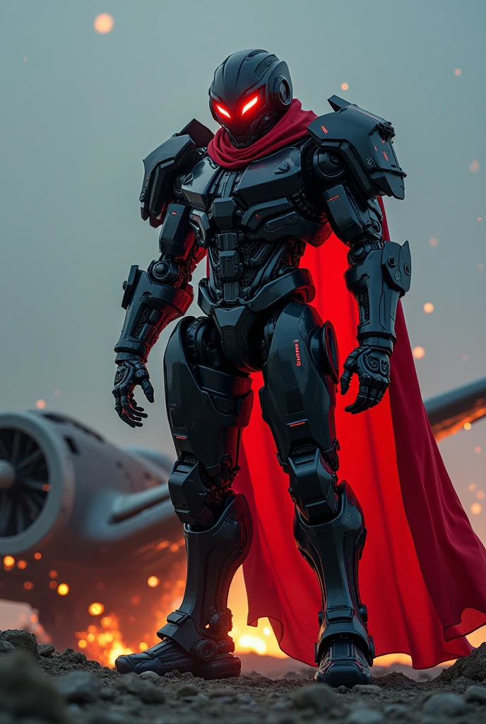 a massive robot gladiator,  wears a black-and-red glowing tech-punk mask next to the broken small aircraft， eyes sparkle, With a weapon in hand，  a red breakout cape swaying in the wind , highly detailed metal armor, glowing energy weapons, 破损的小型飞行器旁边, night, Sparks and explosions， apocalyptic wasteland background, Realistic, Best Picture Quality , Highest clarity, original,  surrealism, high detail,  futuristic ,  Light and Dark Contrast,  movie lights,  ray tracing, Reflected Light,