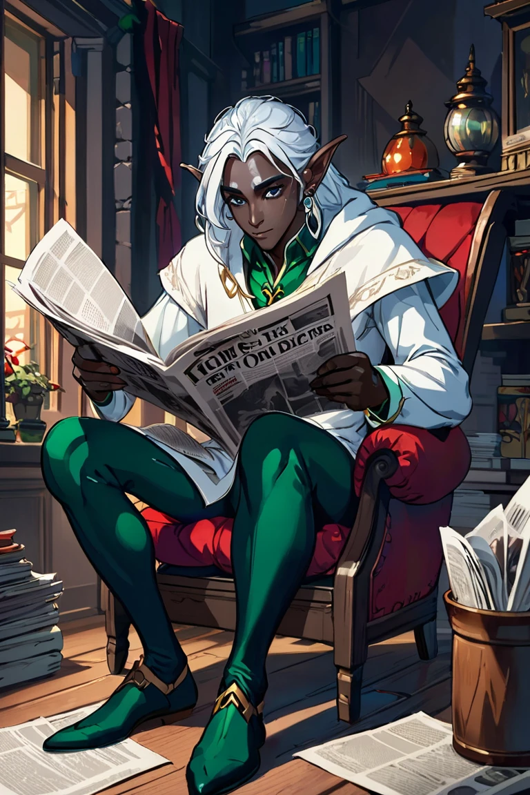 dark skinned male elf drow reading a newspaper, white hair