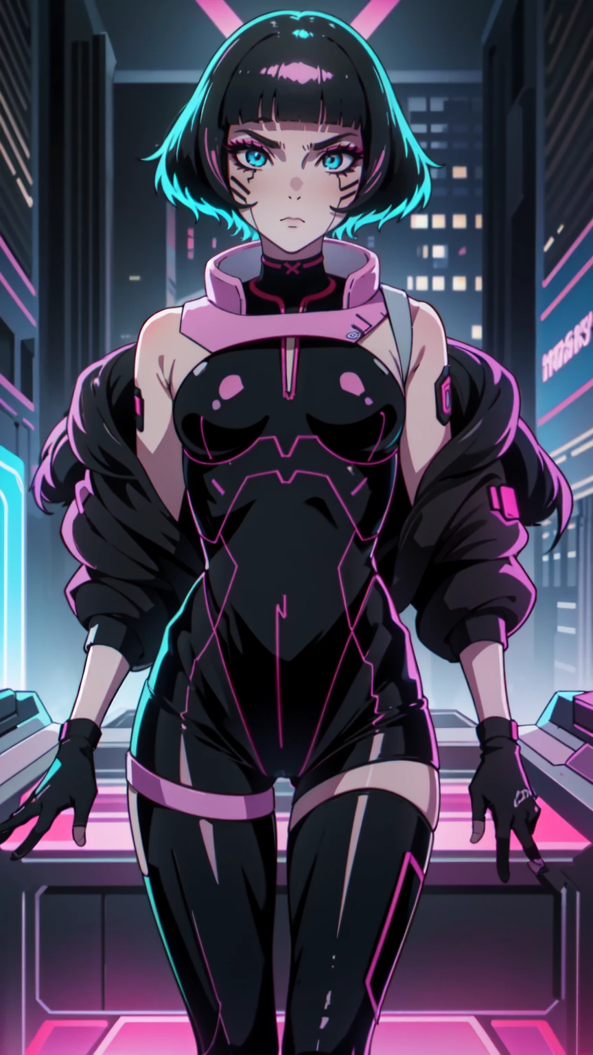 Create an illustration of Sasha from Cyberpunk: Edgerunners. She is a young netrunner with a slender and agile physique, reflecting her hacker lifestyle. Her hair is short, (black hair), messy, and brightly colored, often with neon highlights like electric blue or vibrant pink. Her (blue eyes) have a sharp, tech-enhanced glow, hinting at cybernetic implants. Sasha wears a sleek, tactical bodysuit designed for mobility and stealth, primarily in shades of black and dark gray, accented with neon lines that pulse softly with her netrunning activity. Her gloves are fingerless, exposing cybernetic fingertips perfect for interfacing with technology. Completing her look are combat boots and a utility belt filled with small hacking tools and gadgets. The overall vibe is a mix of futuristic hacker aesthetic and street-smart edge, blending style and functionality. sitting, dinamic poses,